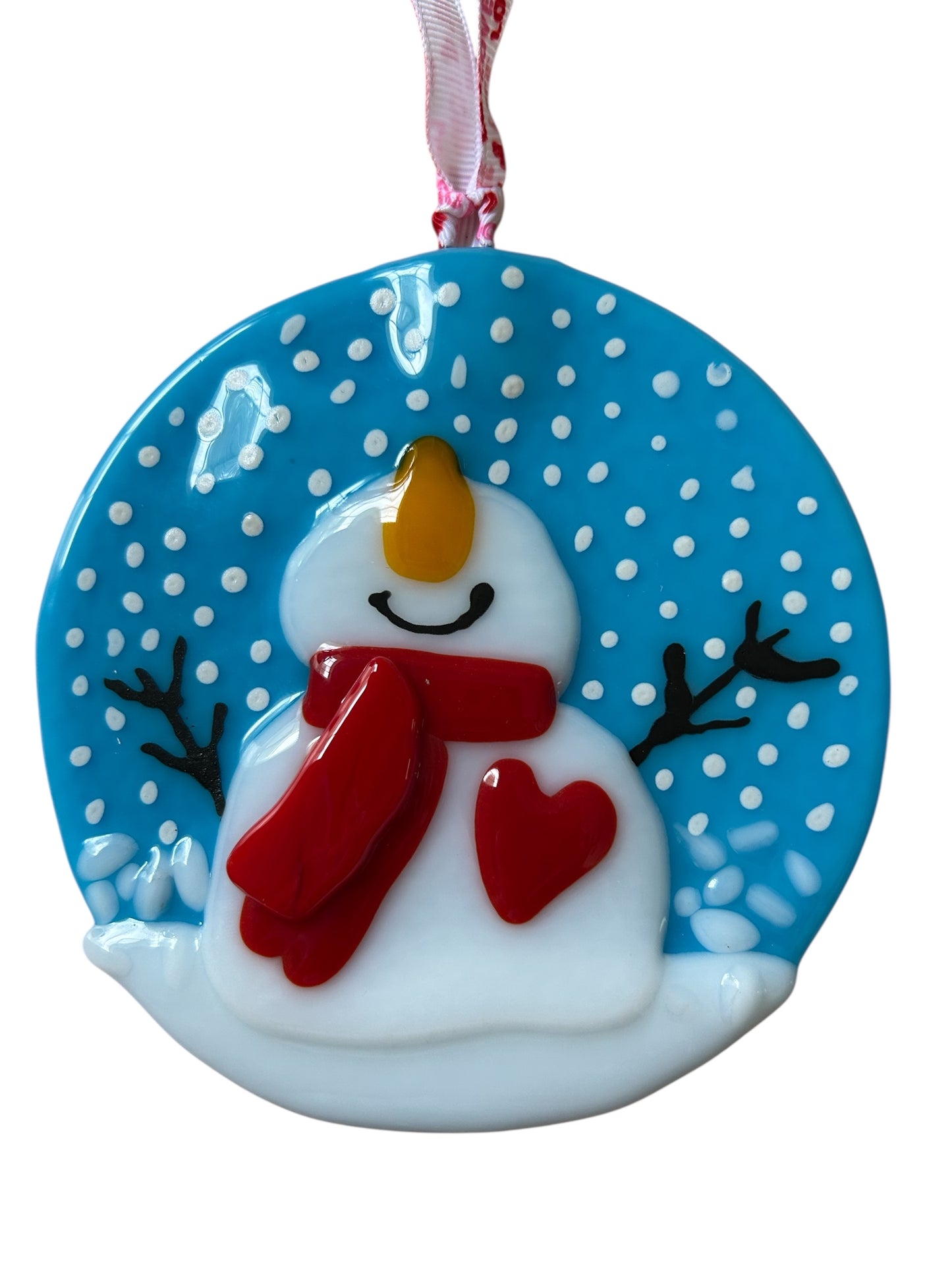 Homemade Fused Glass Blissful Snowman Christmas Ornament