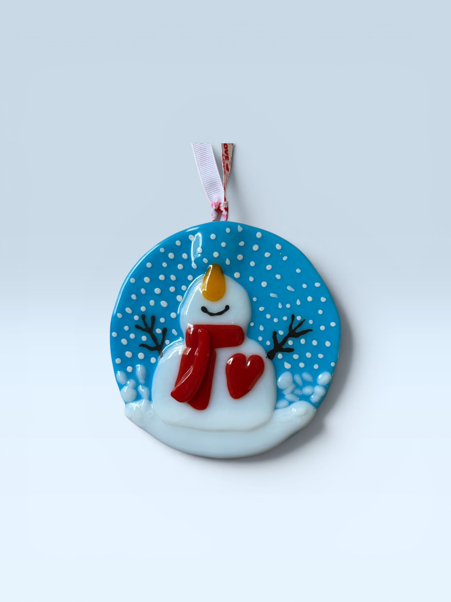 Homemade Fused Glass Blissful Snowman Christmas Ornament