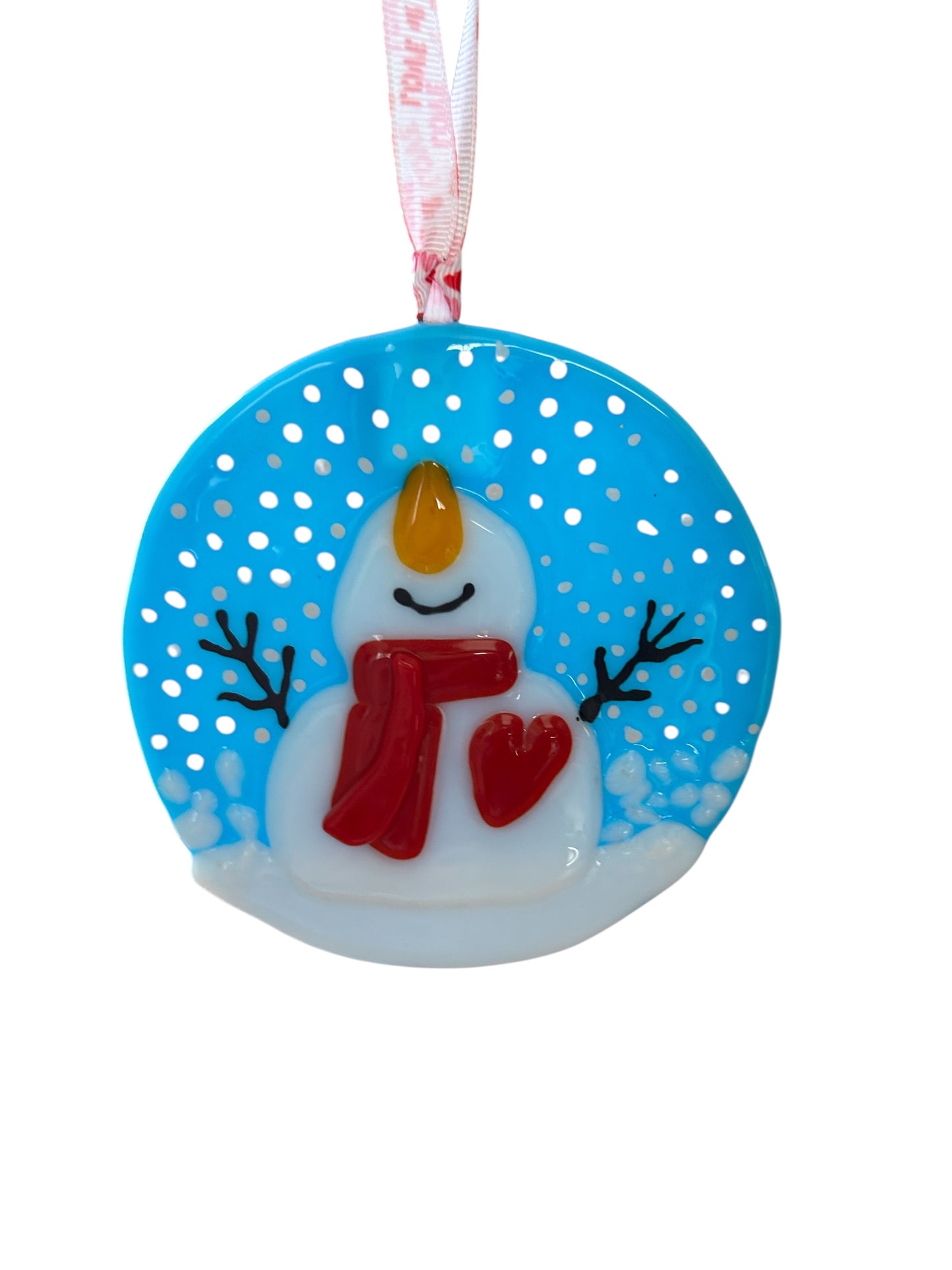 Homemade Fused Glass Blissful Snowman Christmas Ornament