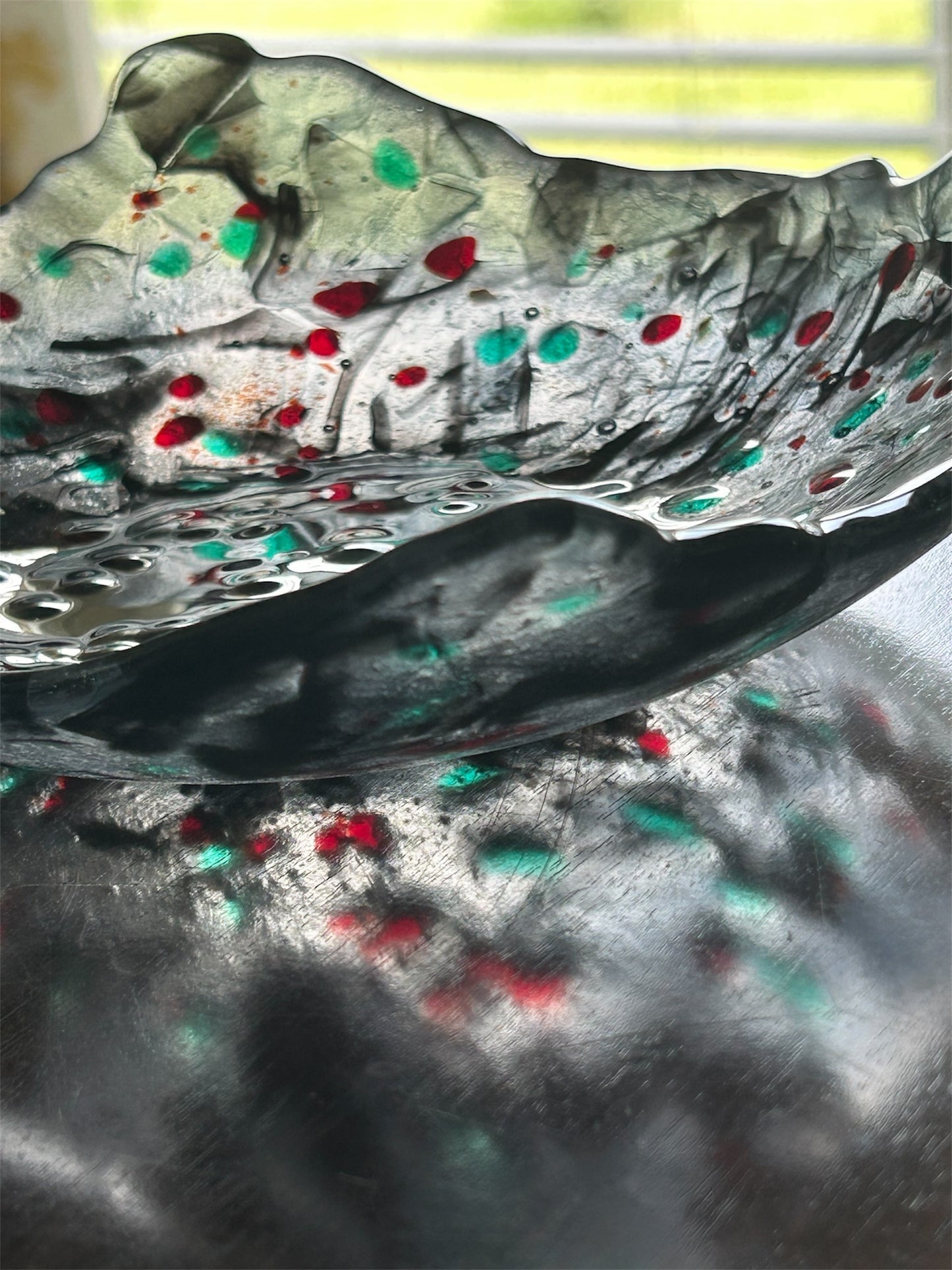 Homemade Fused Glass Square "Winter Berries" Fruit Bowl in Transparent Black, Red, and Green