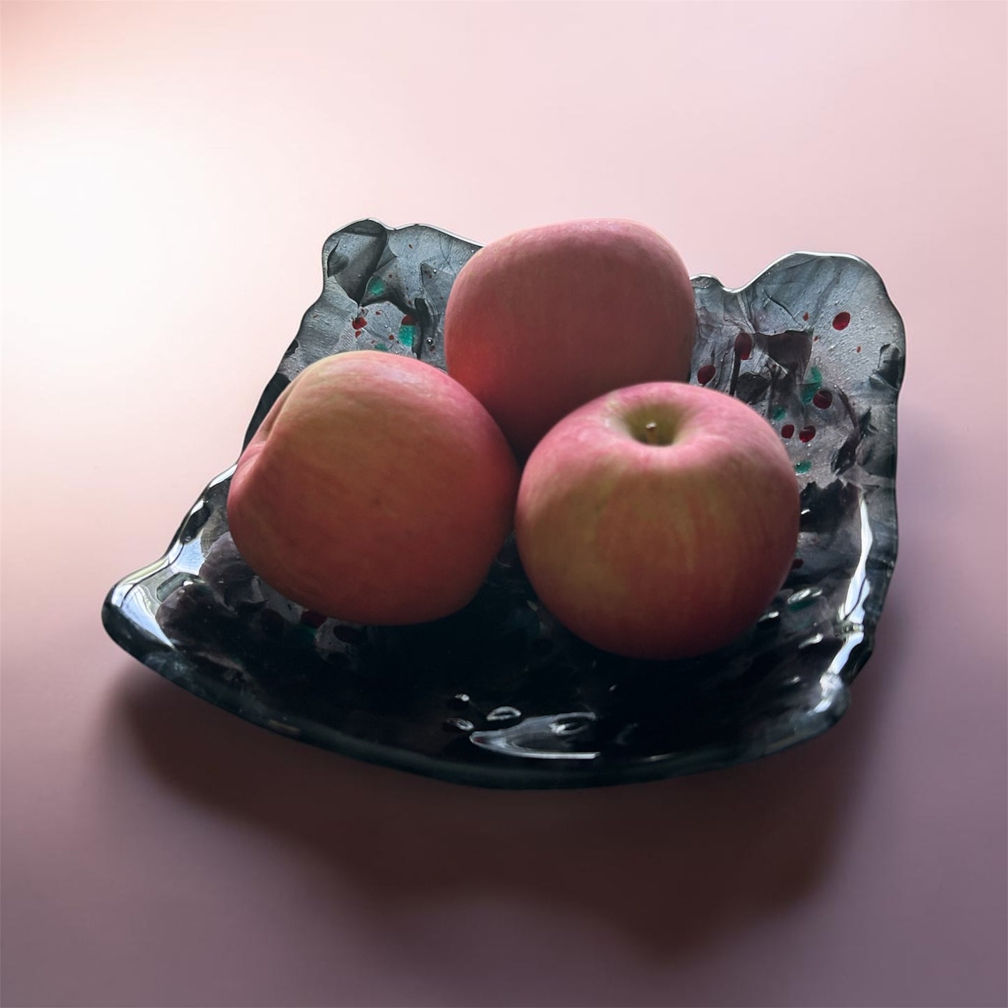 Homemade Fused Glass Square "Winter Berries" Fruit Bowl in Transparent Black, Red, and Green