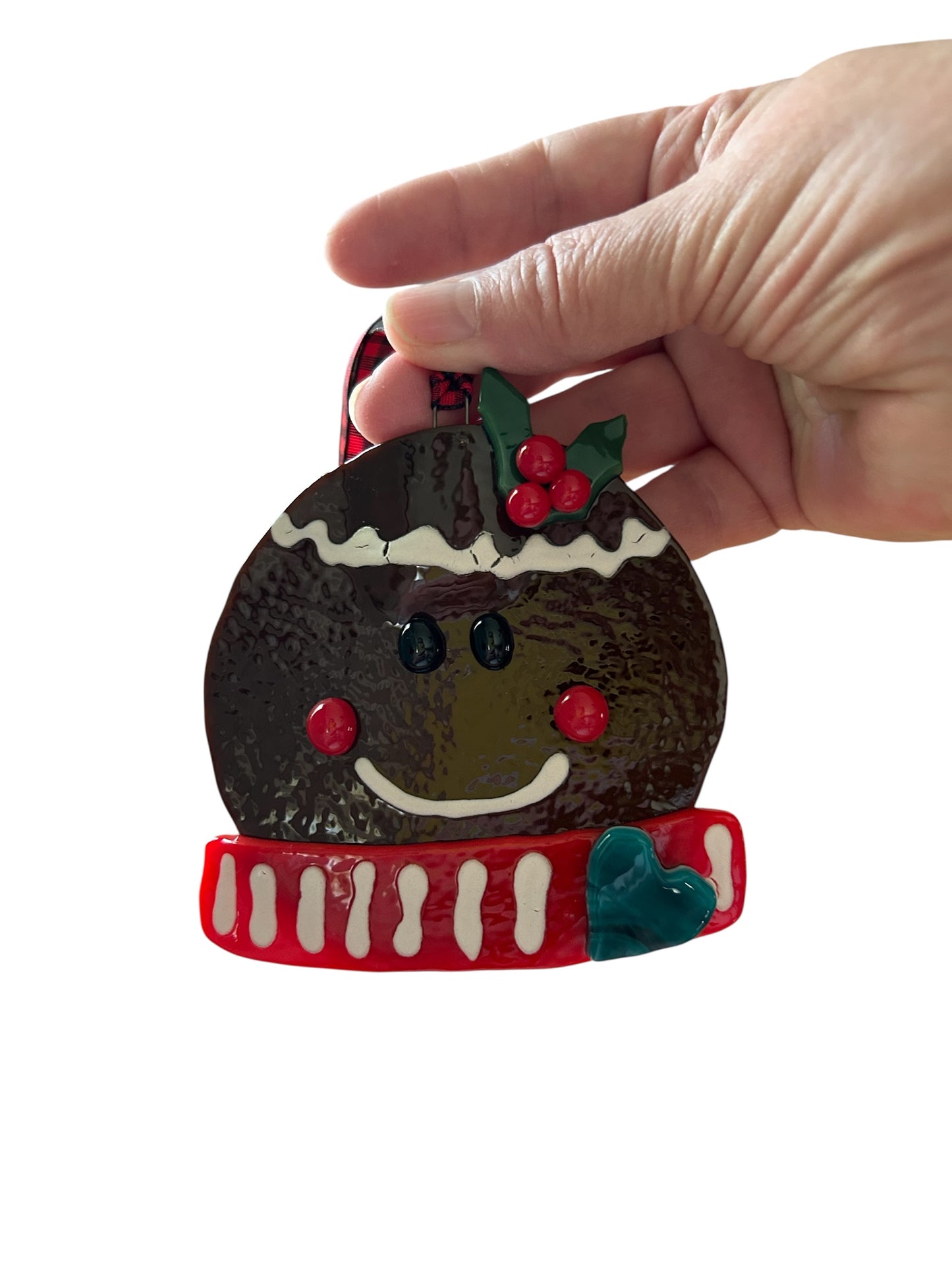Homemade Fused Glass Christmas Ornament with Gingerbread Man Face