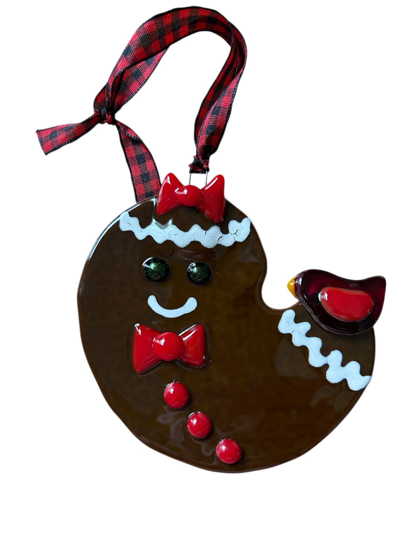 Homemade Fused Glass Gingerbread Man and Bird Christmas Ornament