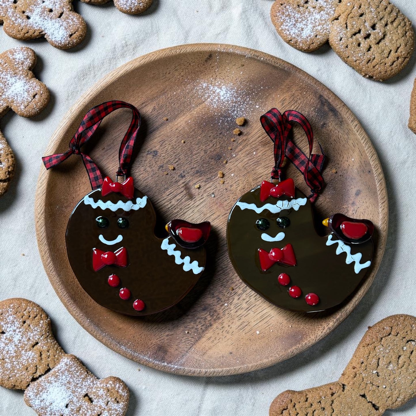 Homemade Fused Glass Gingerbread Man and Bird Christmas Ornament