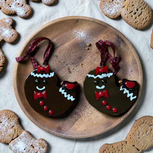 Homemade Fused Glass Gingerbread Man and Bird Christmas Ornament