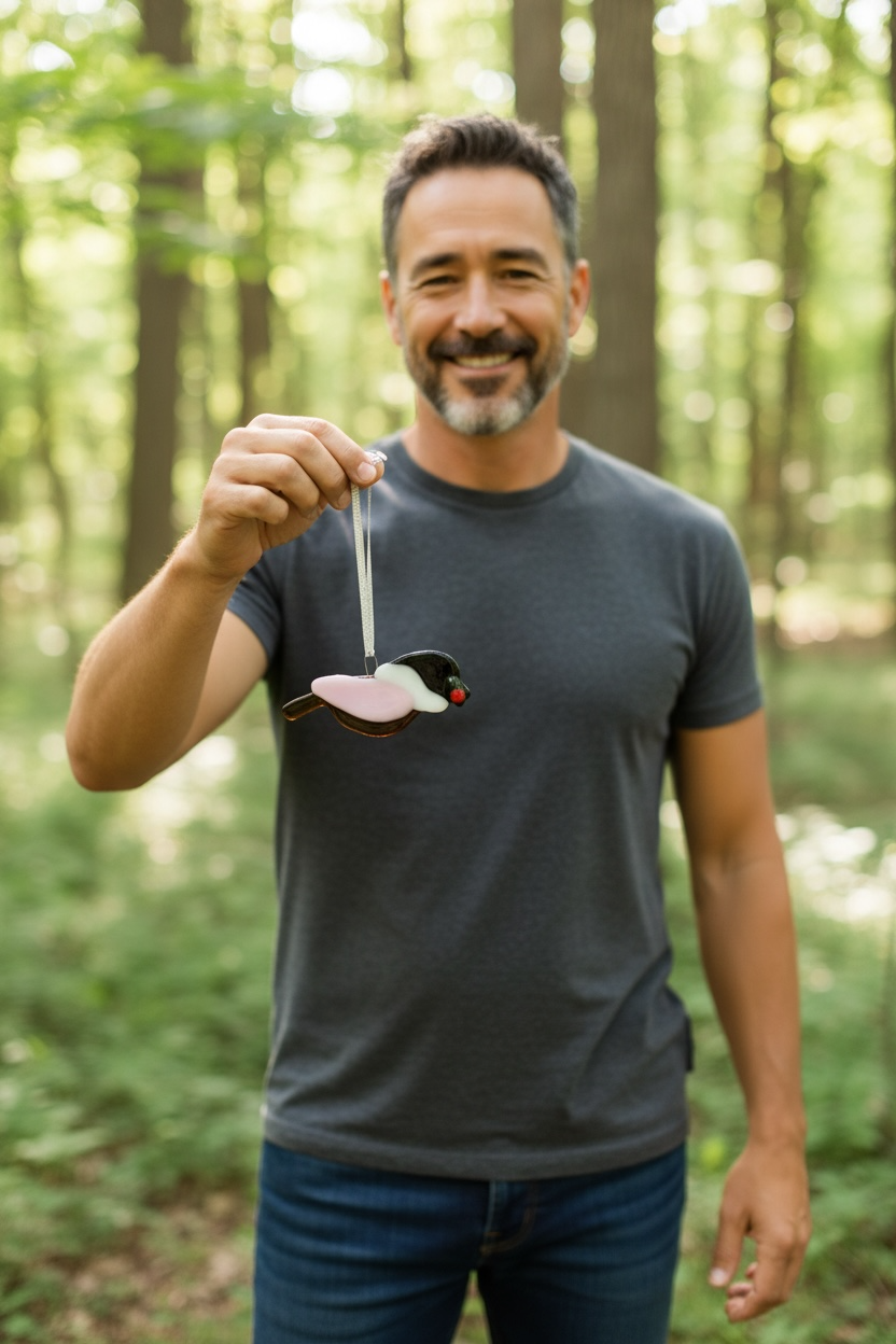 Homemade Fused Glass Chickadee Bird Christmas Ornament