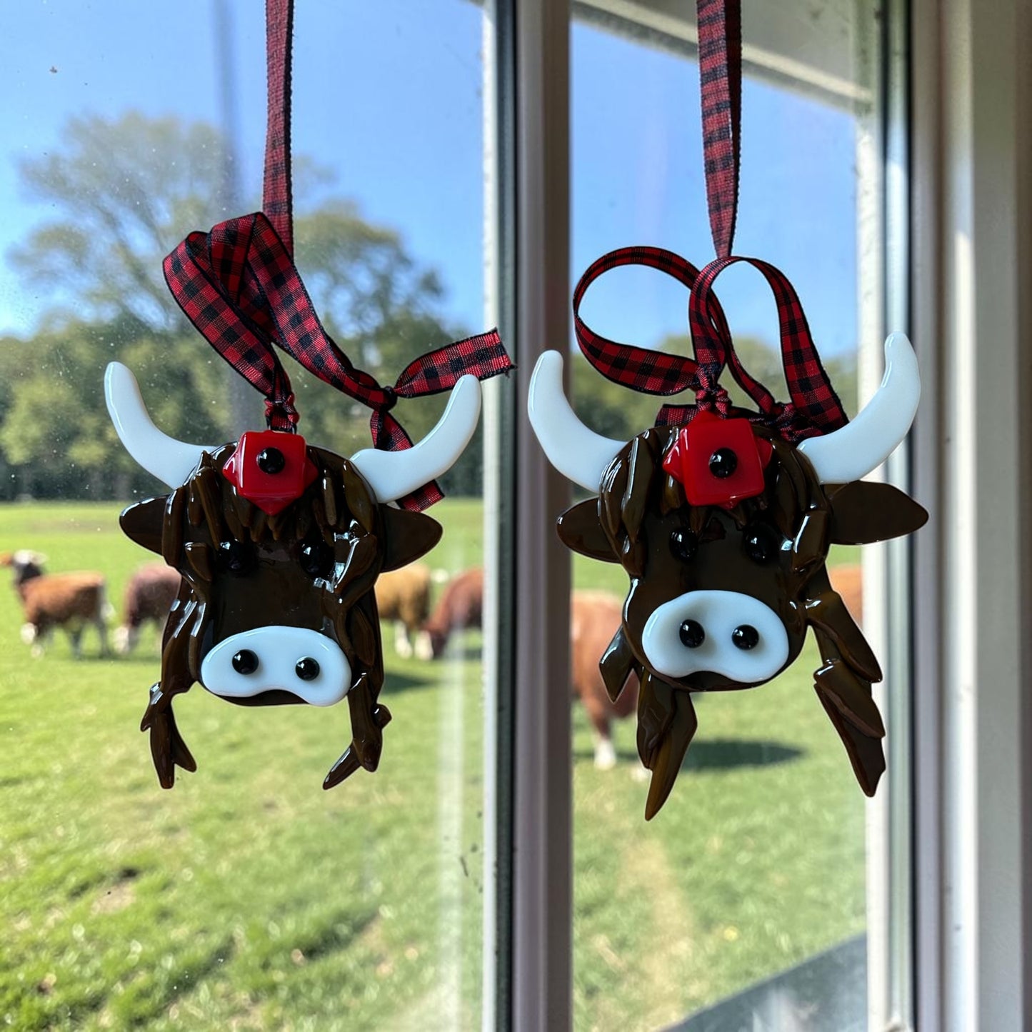 Homemade Fused Glass Highland Coo Christmas Ornament