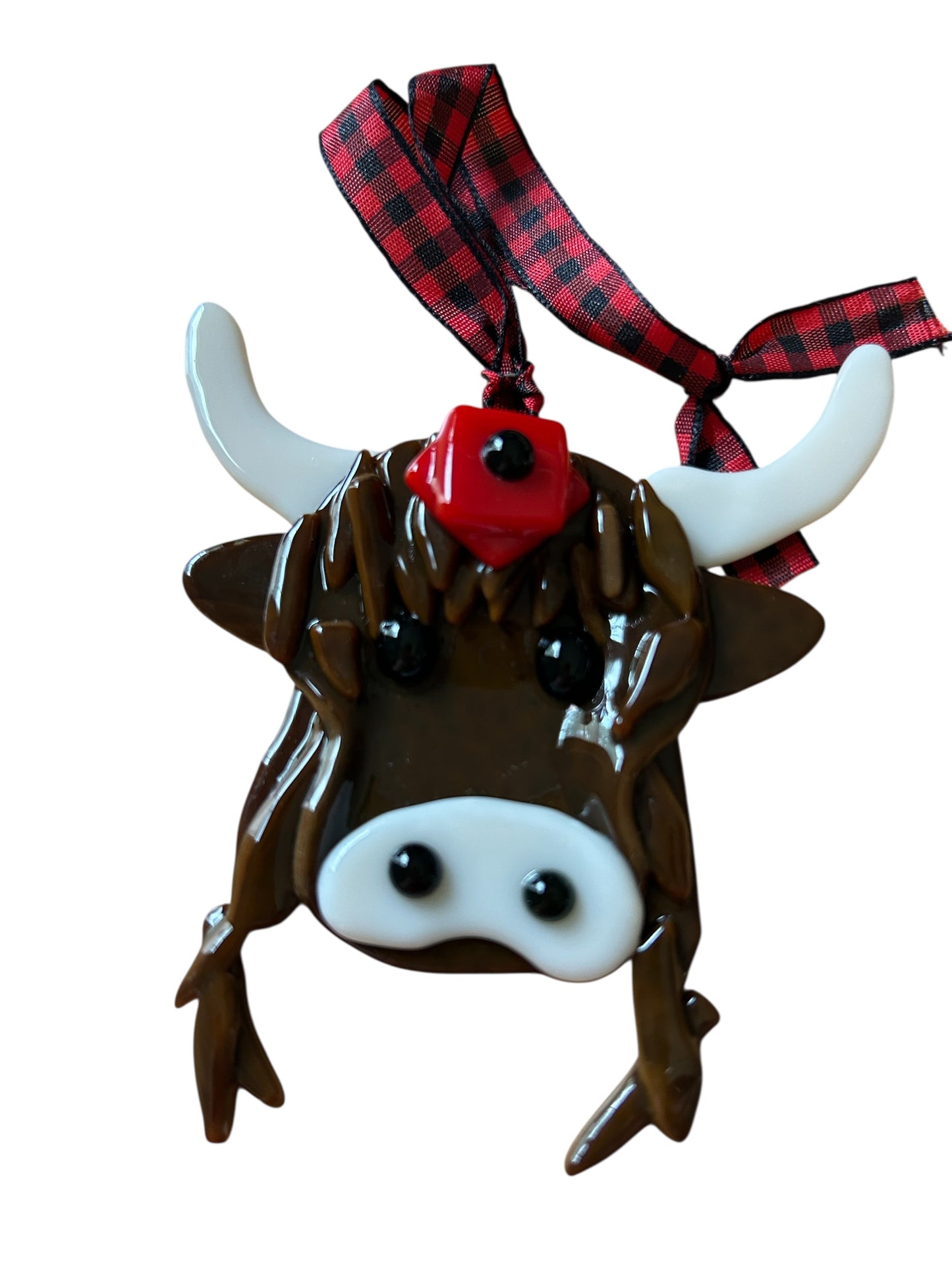 Homemade Fused Glass Highland Coo Christmas Ornament