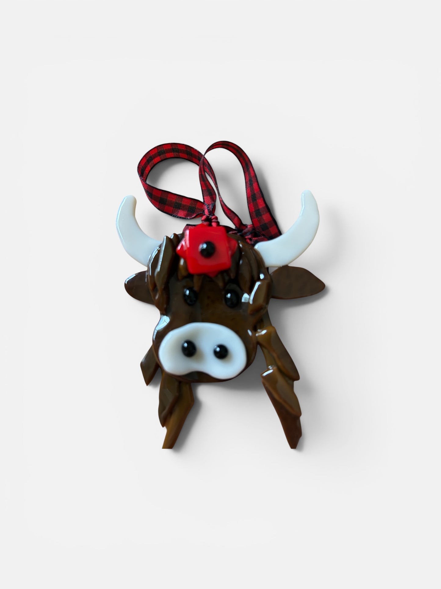 Homemade Fused Glass Highland Coo Christmas Ornament