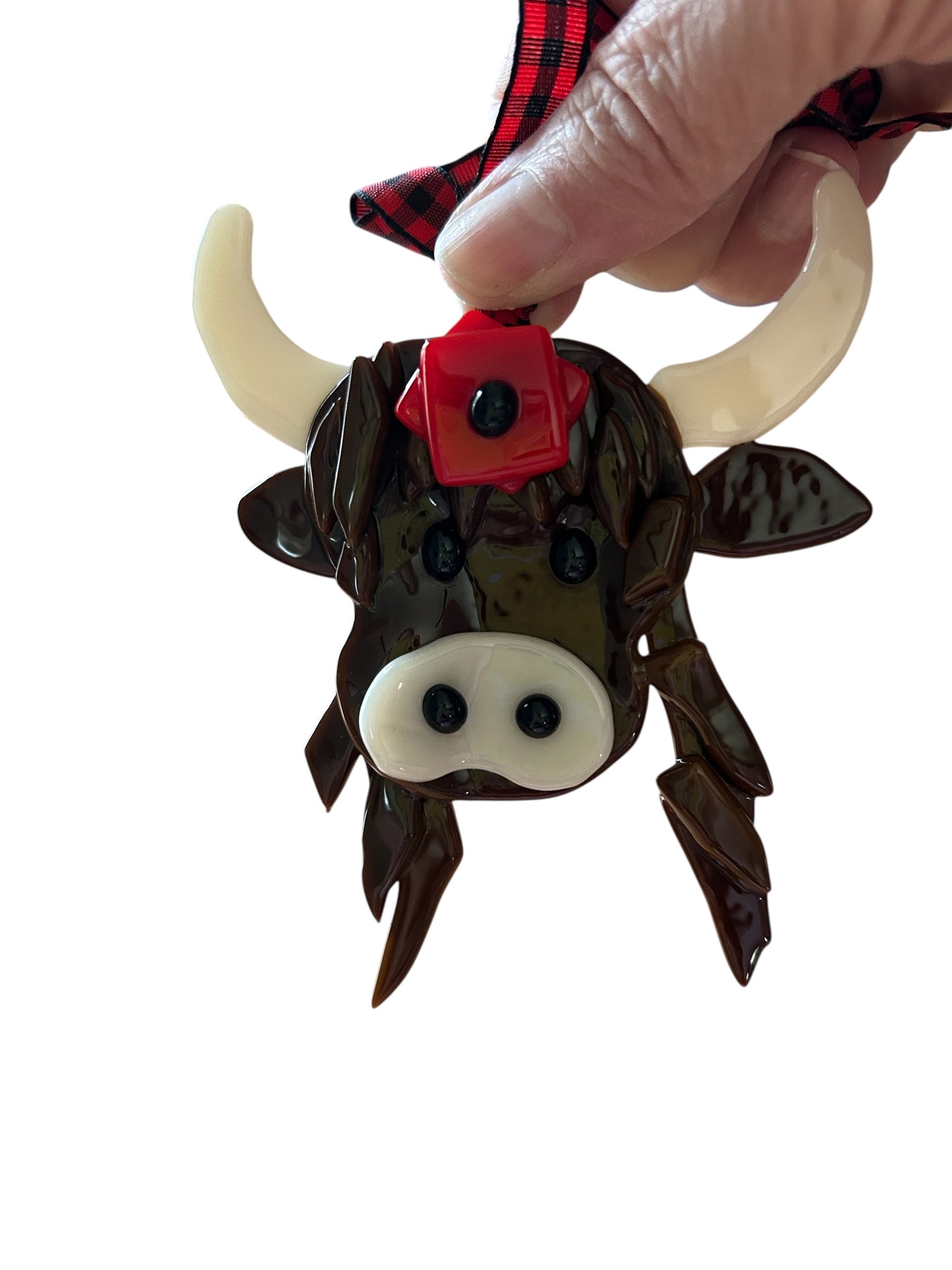 Homemade Fused Glass Highland Coo Christmas Ornament
