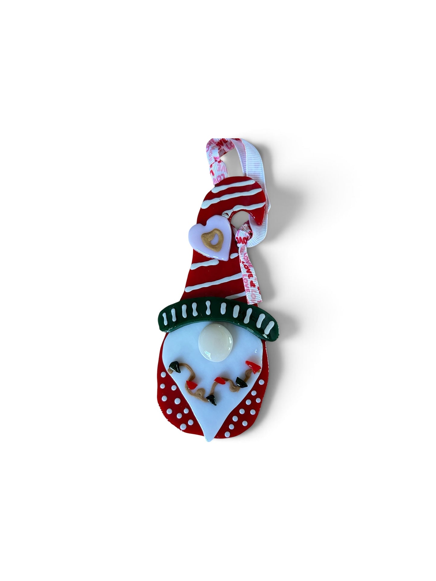 Homemade Fused Glass Christmas Gnome Ornament in Holiday Red