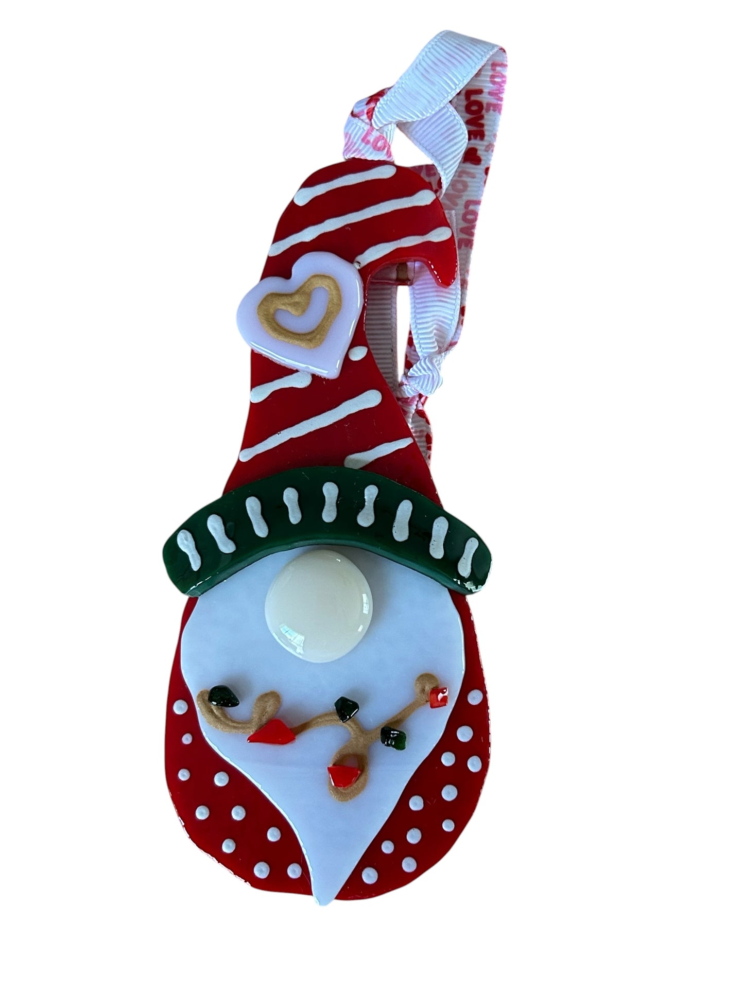 Homemade Fused Glass Christmas Gnome Ornament in Holiday Red