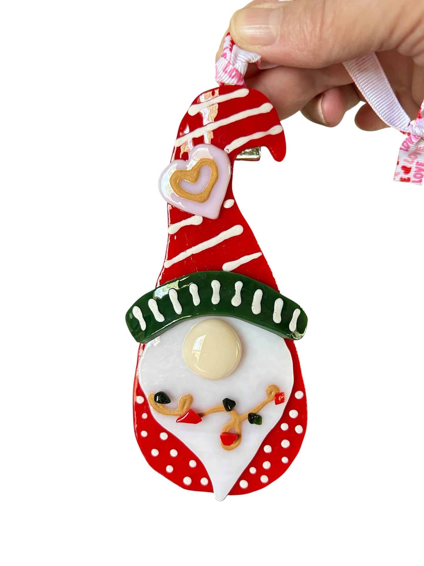 Homemade Fused Glass Christmas Gnome Ornament in Holiday Red