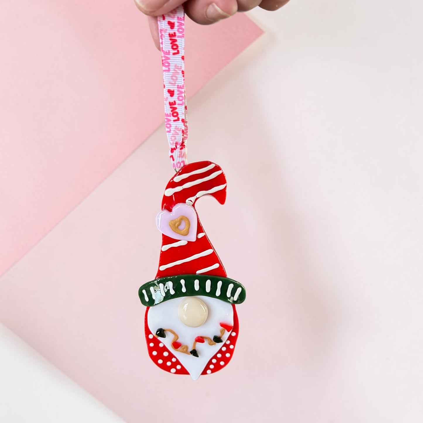 Homemade Fused Glass Christmas Gnome Ornament in Holiday Red