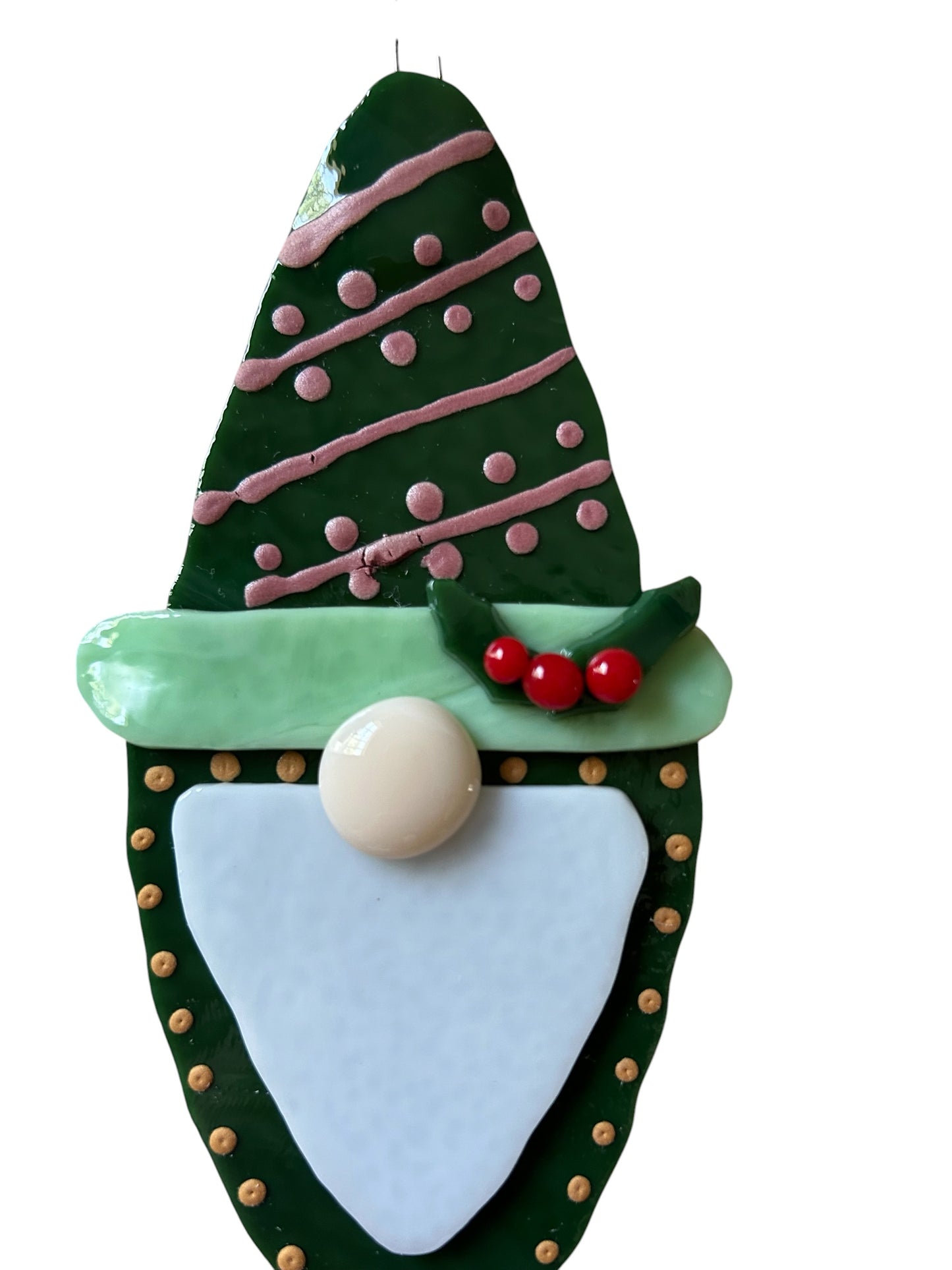 Homemade Fused Glass Christmas Gnome Ornament in Forest Green