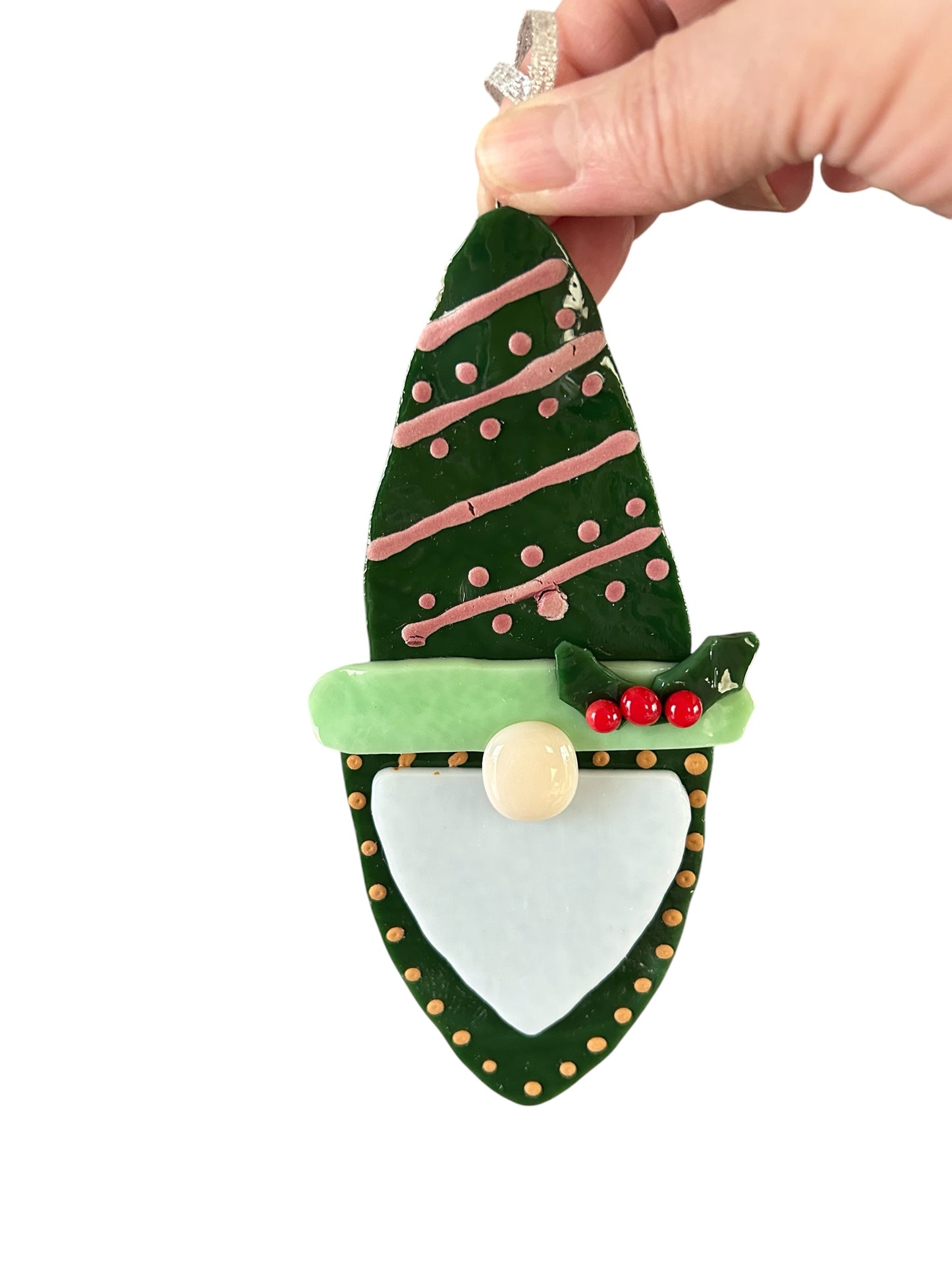 Homemade Fused Glass Christmas Gnome Ornament in Forest Green