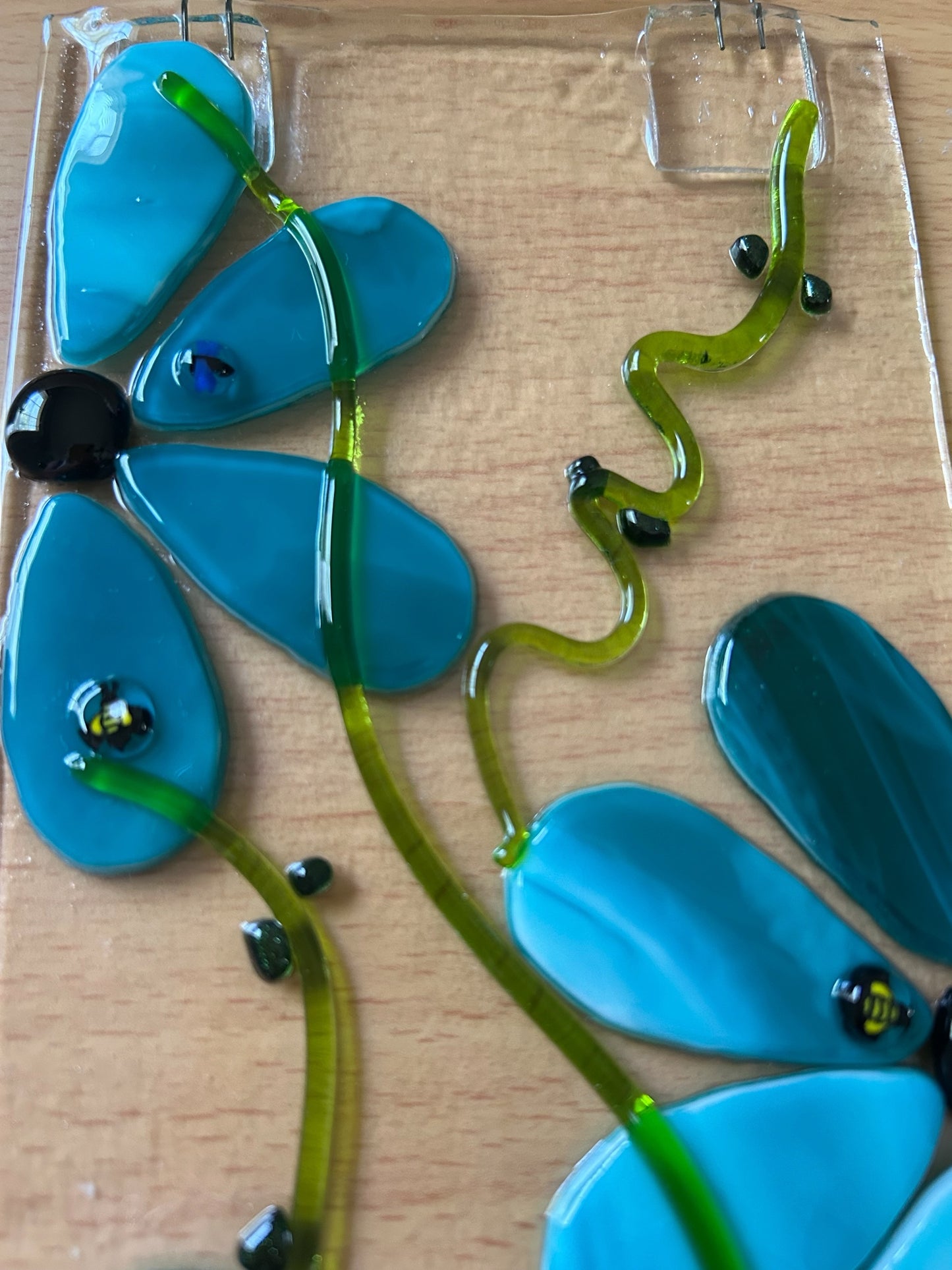 Homemade Fused Glass Flower Panel Suncatcher in Peacock Blue