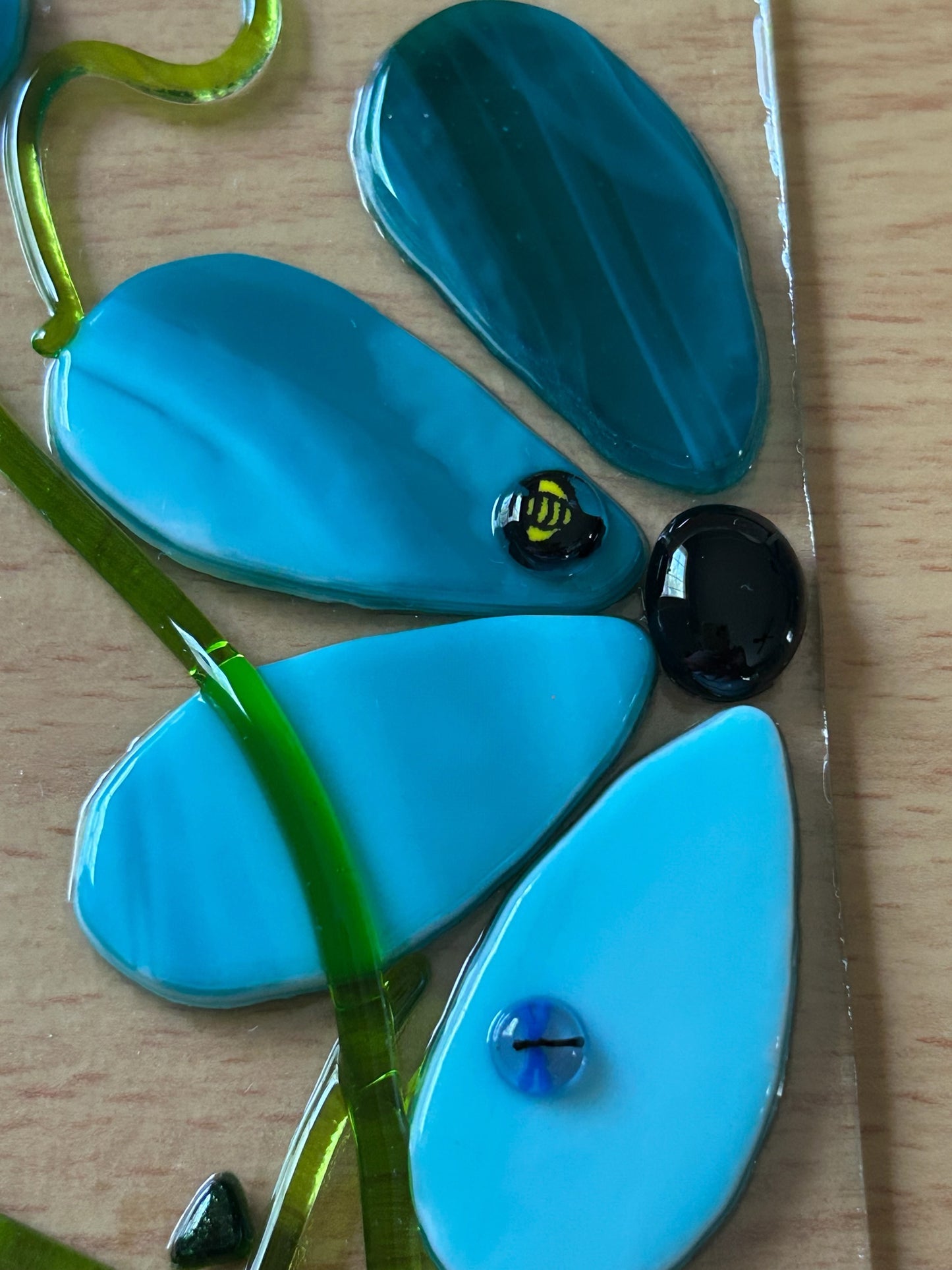 Homemade Fused Glass Flower Panel Suncatcher in Peacock Blue