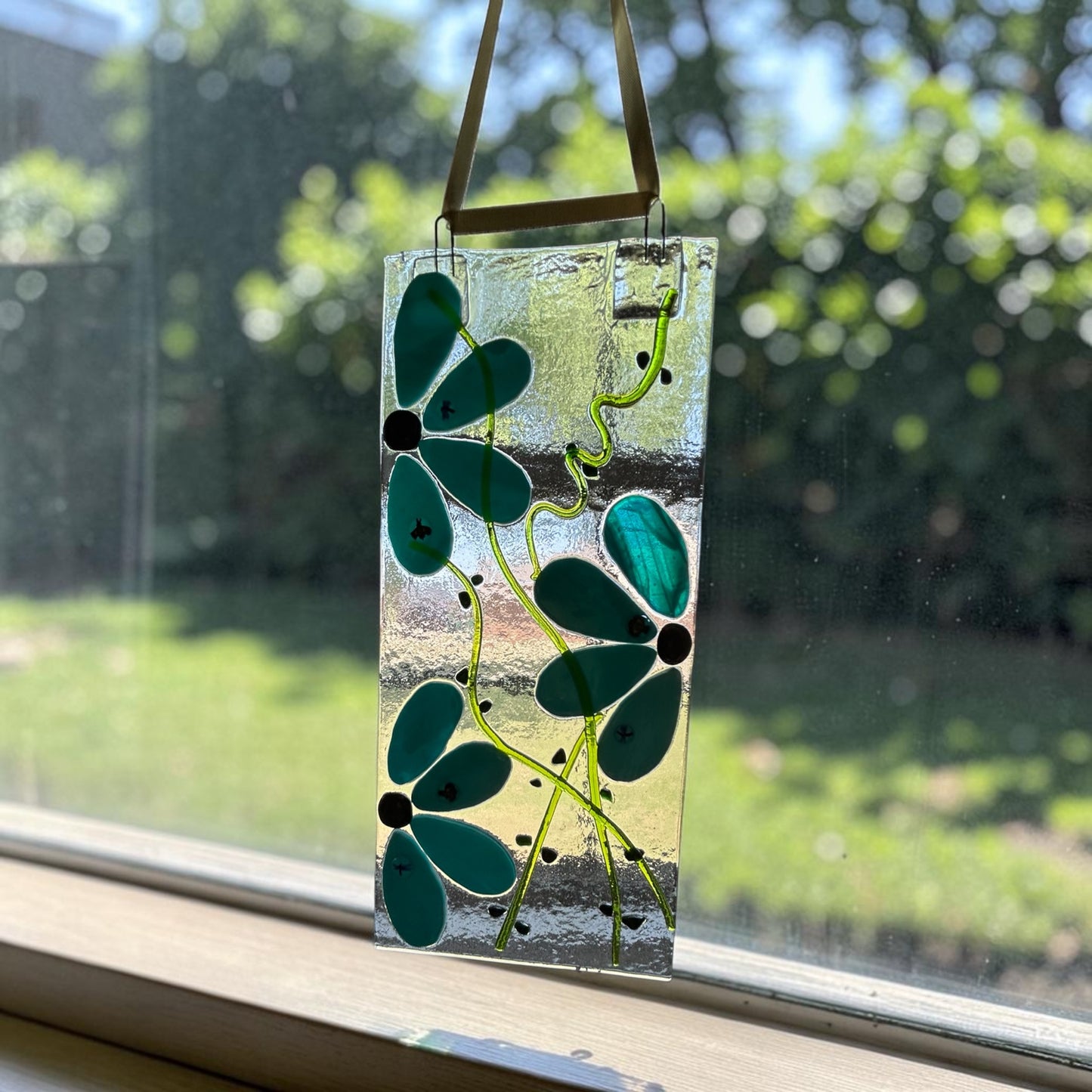 Homemade Fused Glass Flower Panel Suncatcher in Peacock Blue