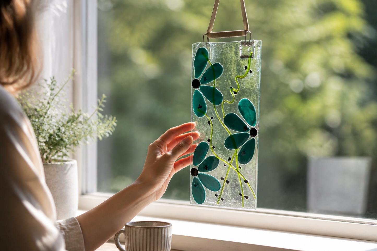 Homemade Fused Glass Flower Panel Suncatcher in Peacock Blue