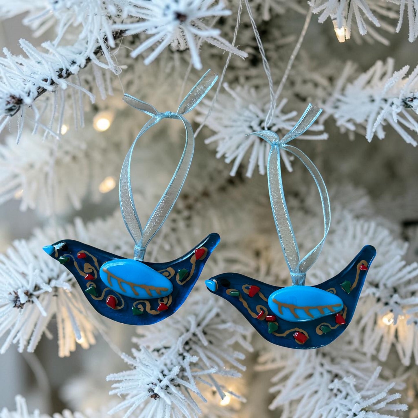 Homemade Fused Glass Paisley Bluebird Ornament in Transparent Turquoise