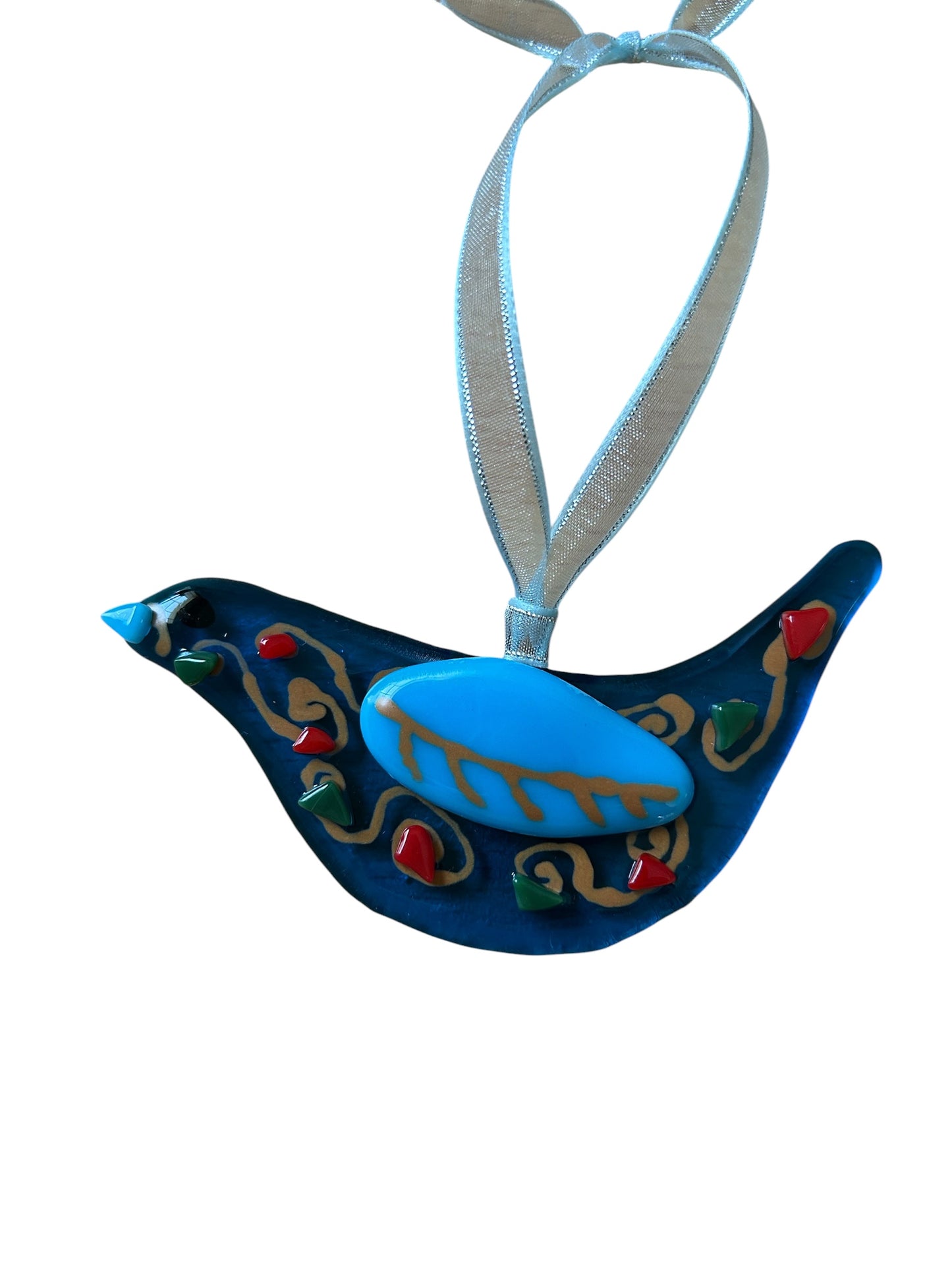 Homemade Fused Glass Paisley Bluebird Ornament in Transparent Turquoise