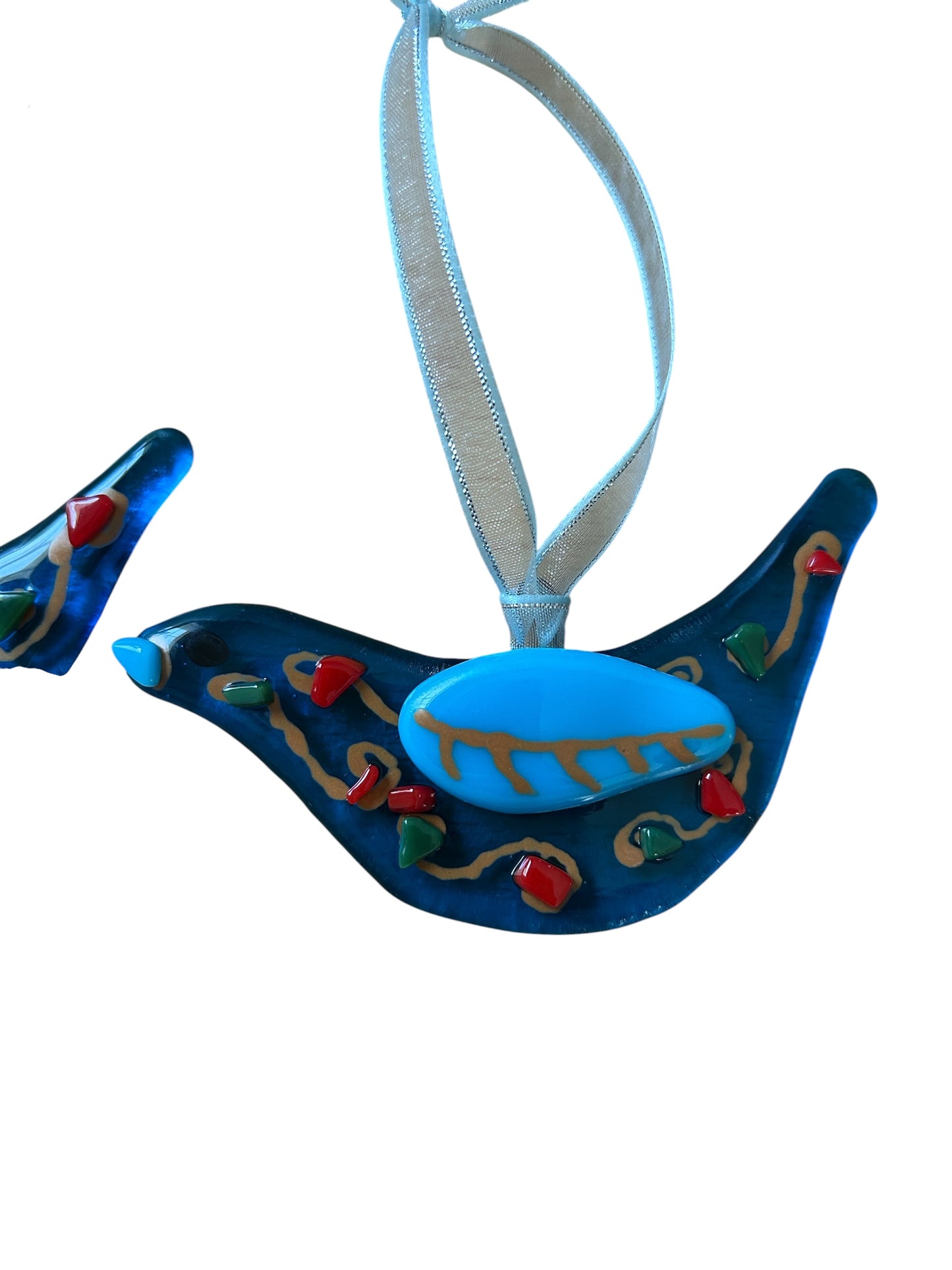 Homemade Fused Glass Paisley Bluebird Ornament in Transparent Turquoise