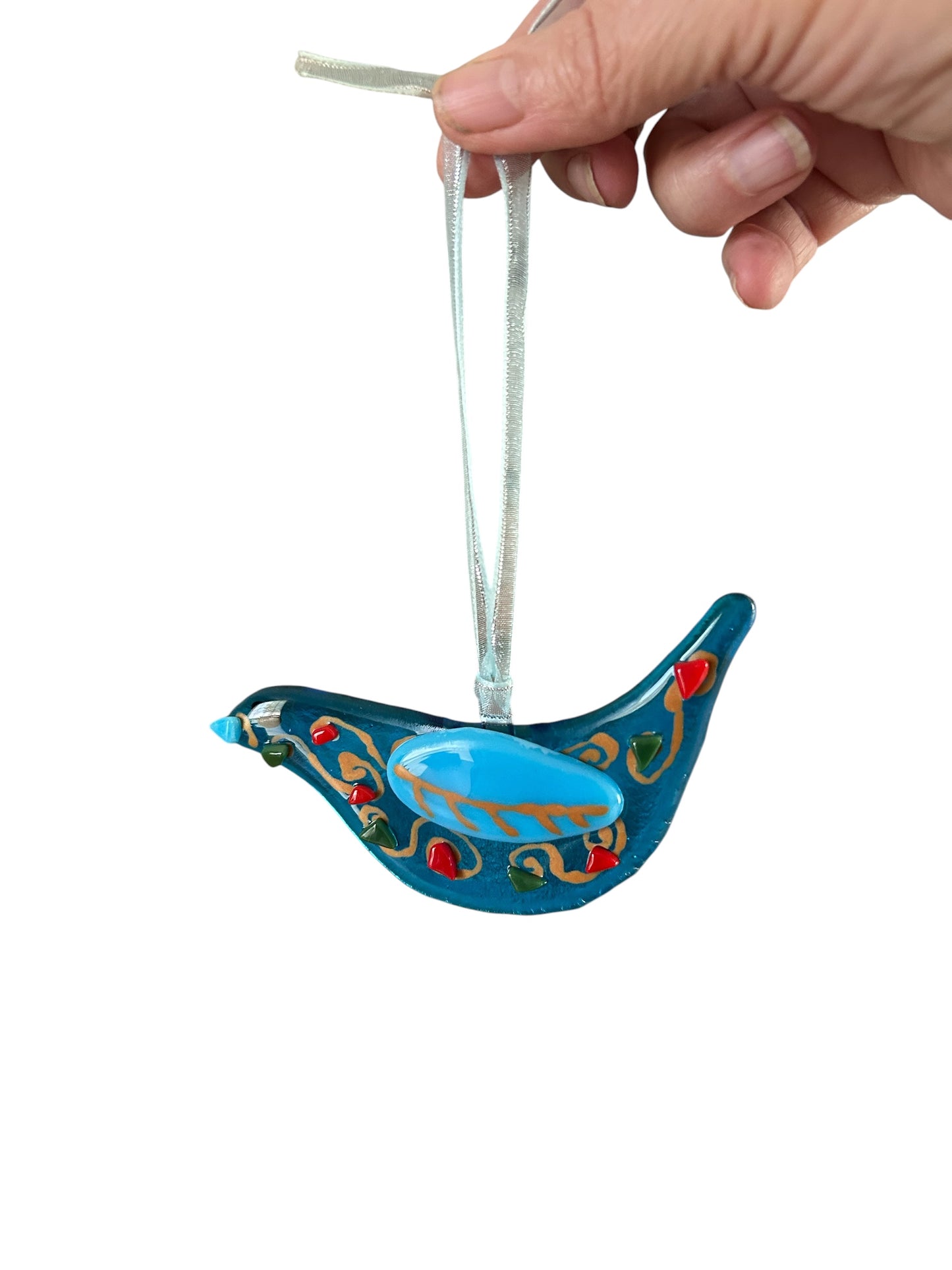 Homemade Fused Glass Paisley Bluebird Ornament in Transparent Turquoise