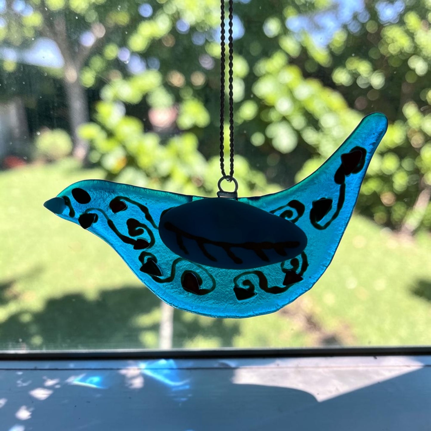Homemade Fused Glass Paisley Bluebird Ornament in Transparent Turquoise