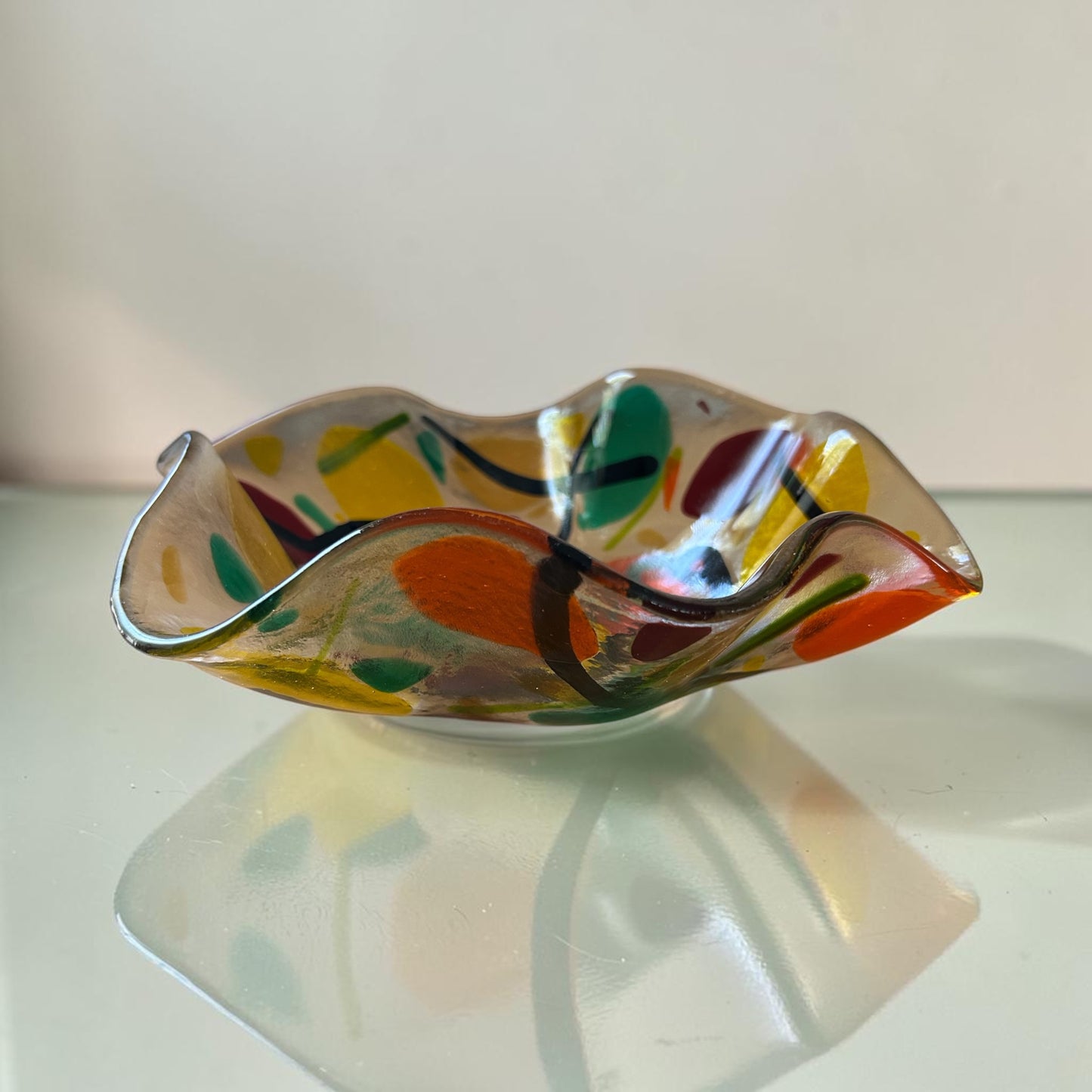 Homemade Medium Fused Glass Bowl with Autumn Leaves and Branches