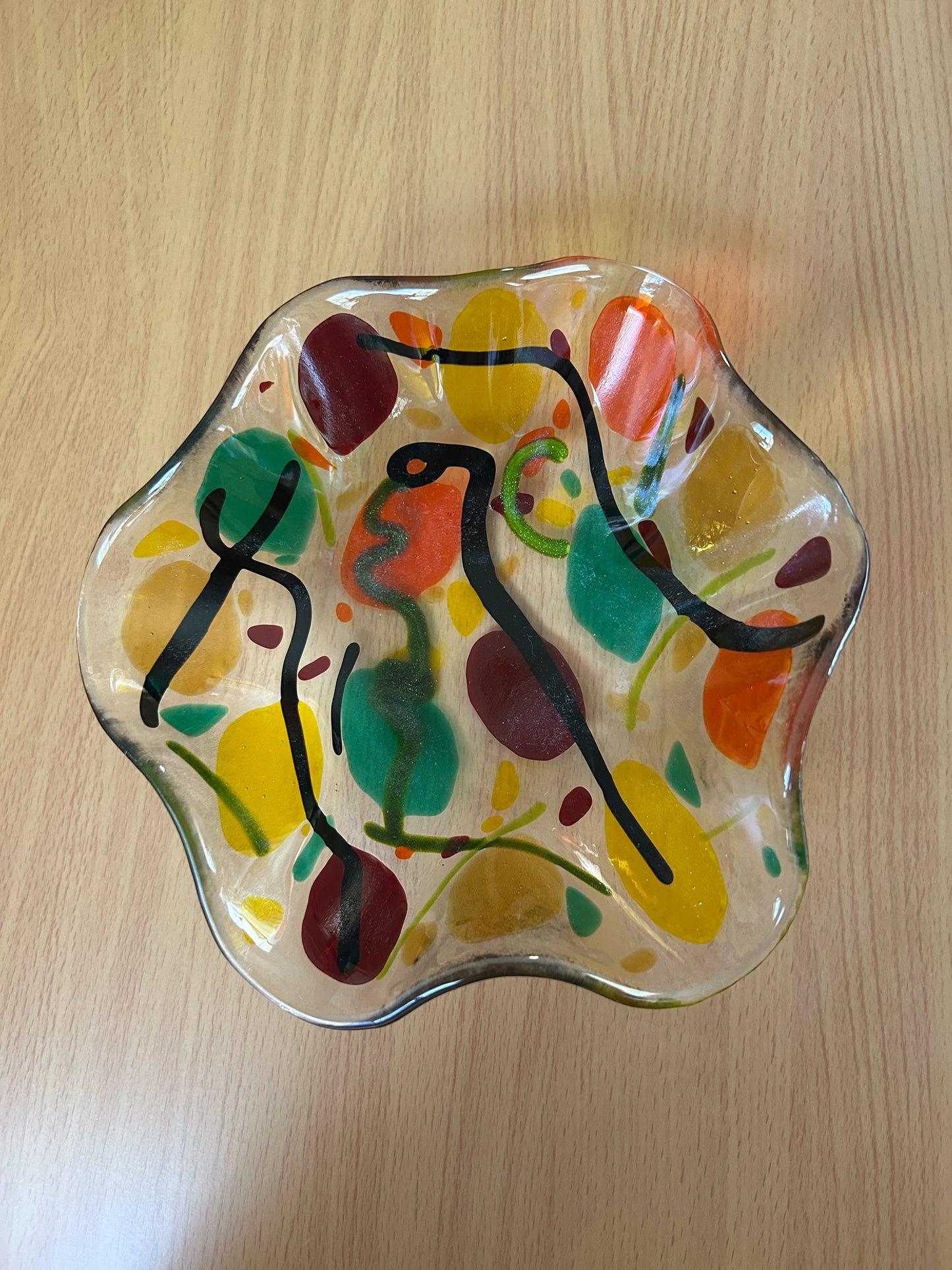 Homemade Medium Fused Glass Bowl with Autumn Leaves and Branches