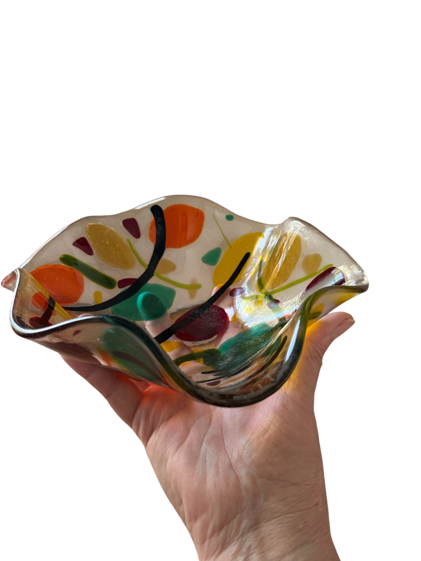 Homemade Medium Fused Glass Bowl with Autumn Leaves and Branches