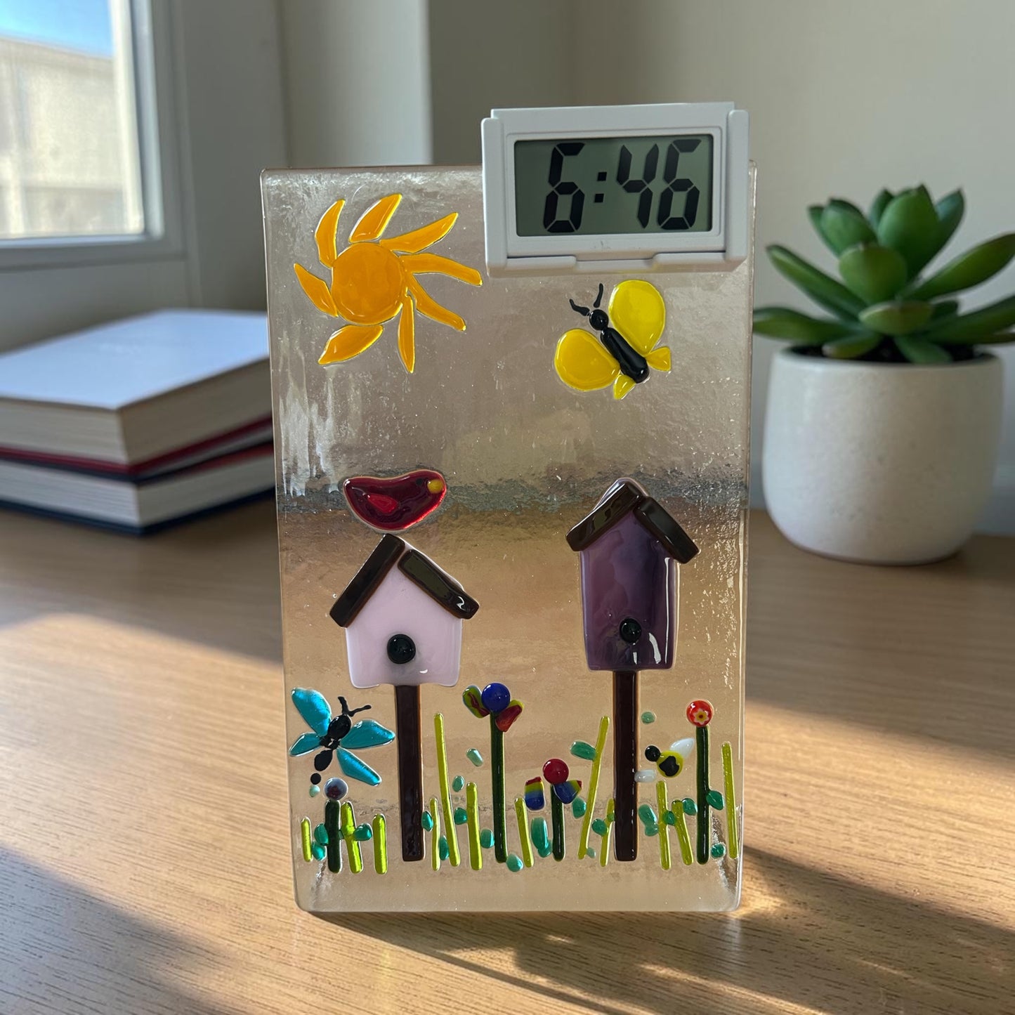 Homemade Freestanding Fused Glass Desk Clock with Garden Scene and Birdhouses