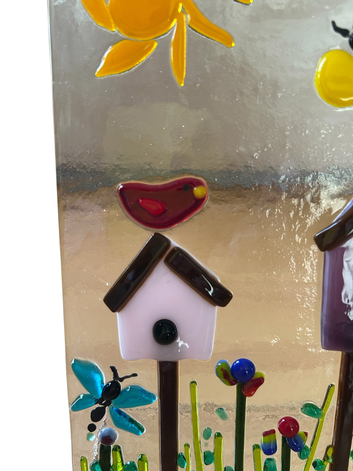 Homemade Freestanding Fused Glass Desk Clock with Garden Scene and Birdhouses