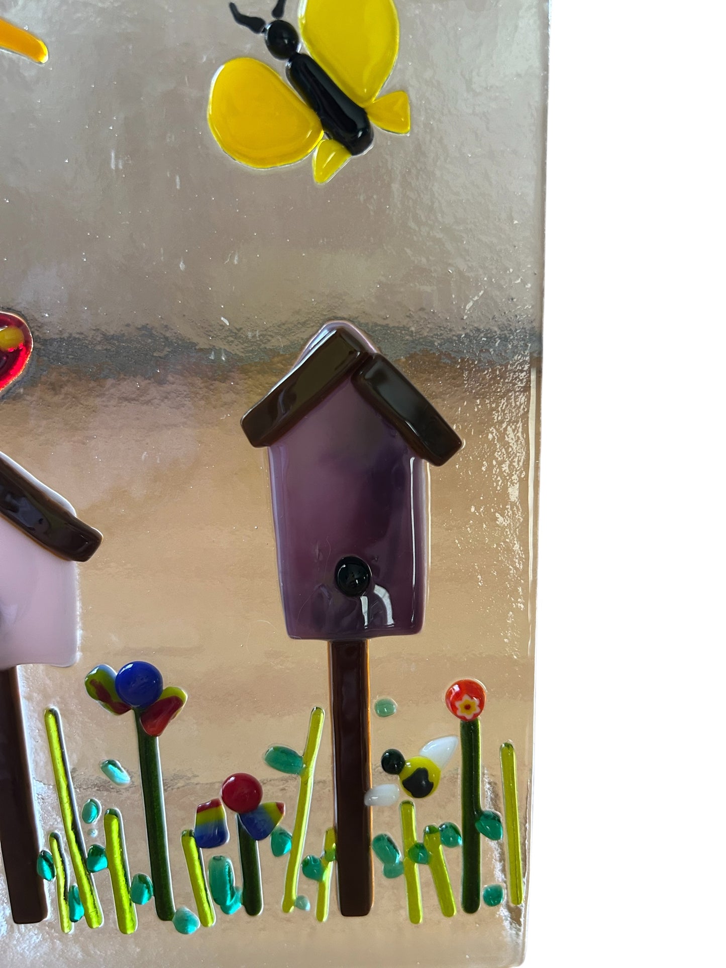 Homemade Freestanding Fused Glass Desk Clock with Garden Scene and Birdhouses
