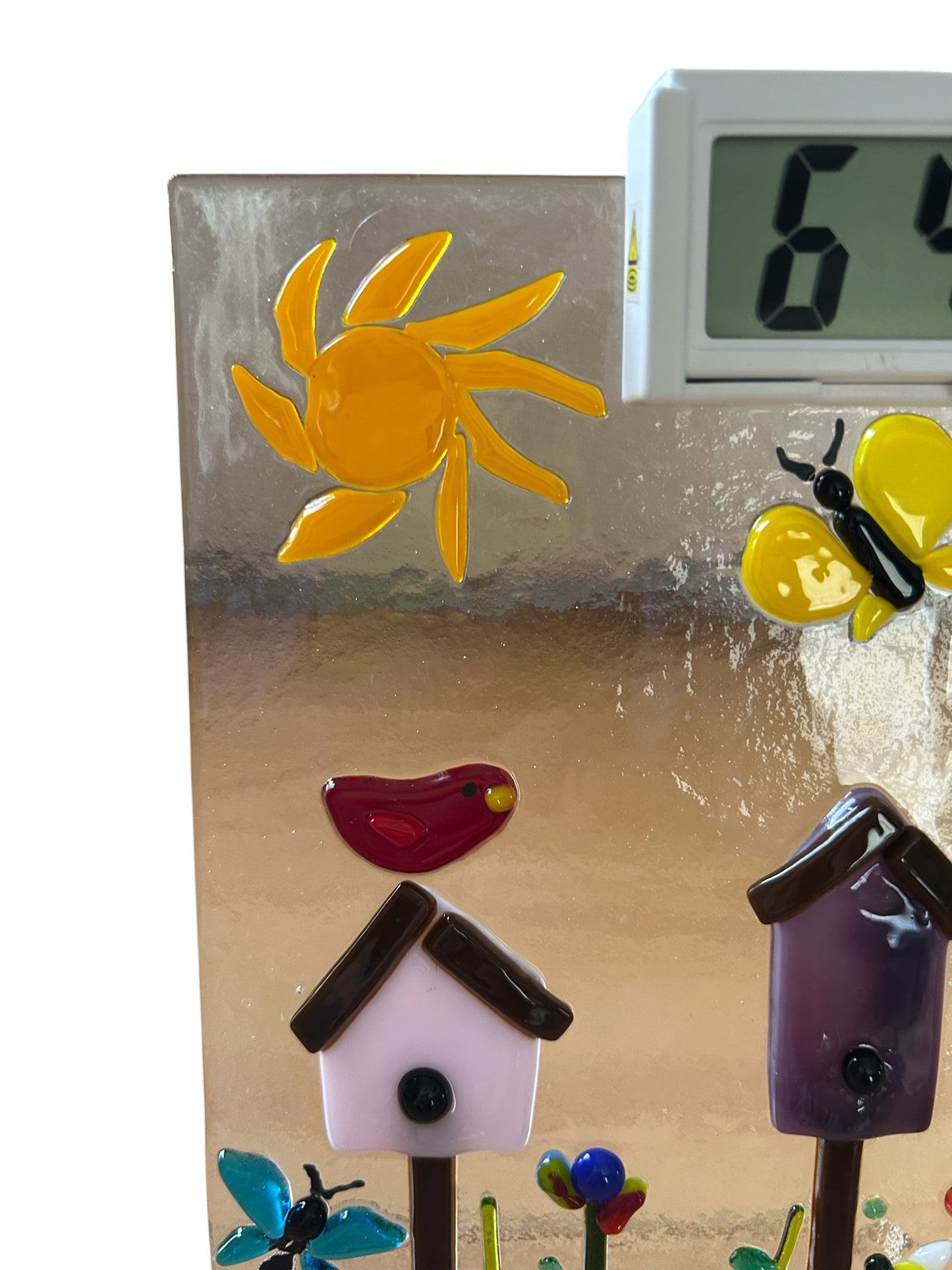 Homemade Freestanding Fused Glass Desk Clock with Garden Scene and Birdhouses