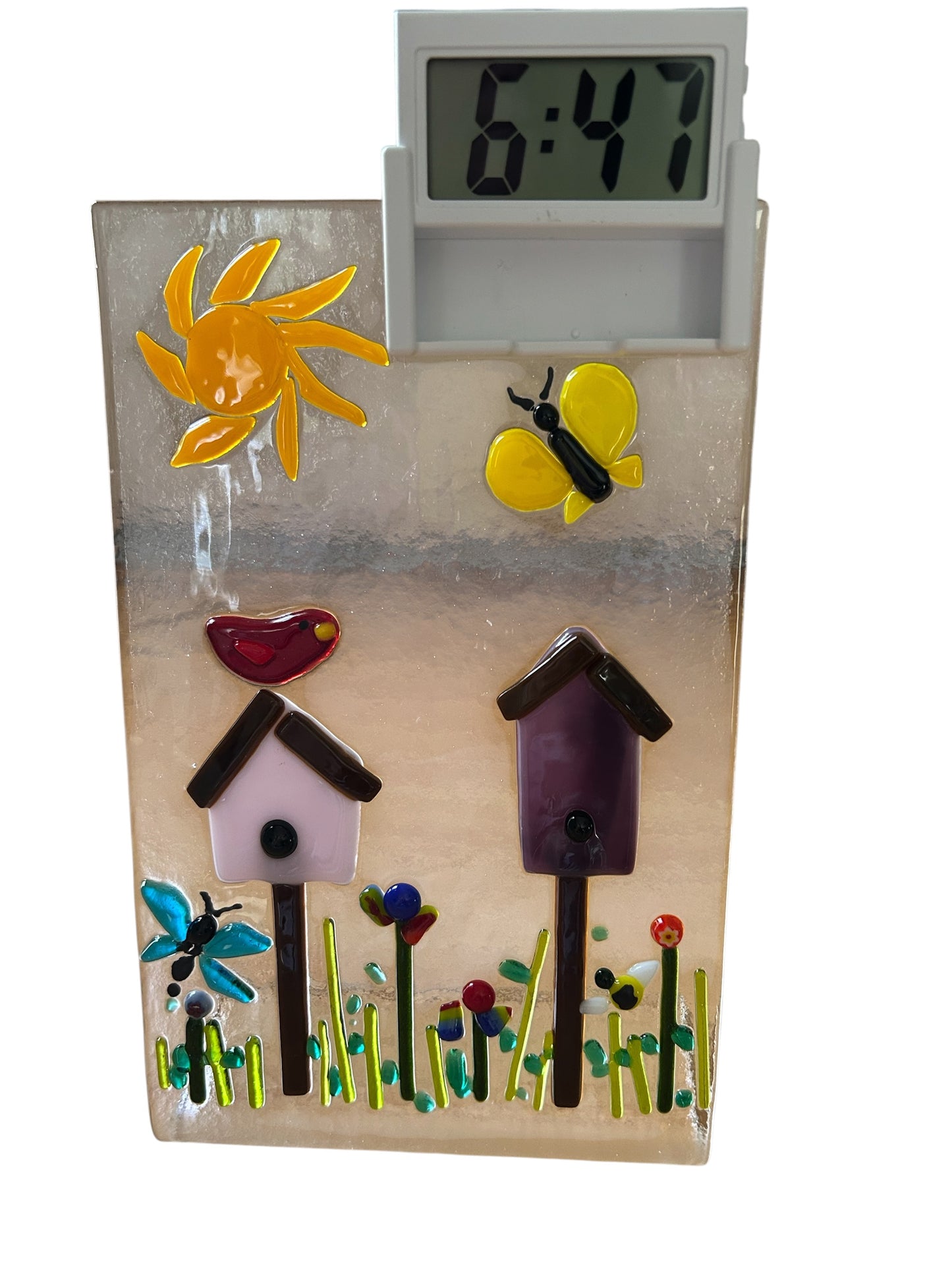 Homemade Freestanding Fused Glass Desk Clock with Garden Scene and Birdhouses