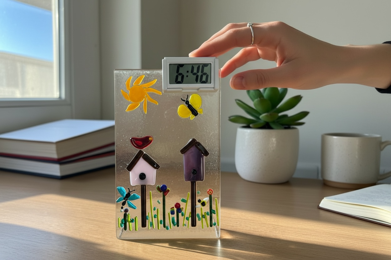 Homemade Freestanding Fused Glass Desk Clock with Garden Scene and Birdhouses