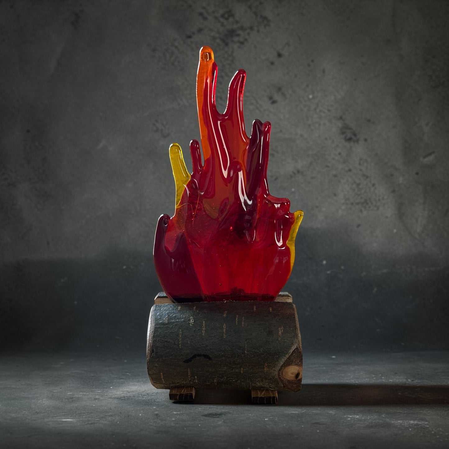 Homemade Fused Glass Flaming Fire and Aspen Wood Sculpture