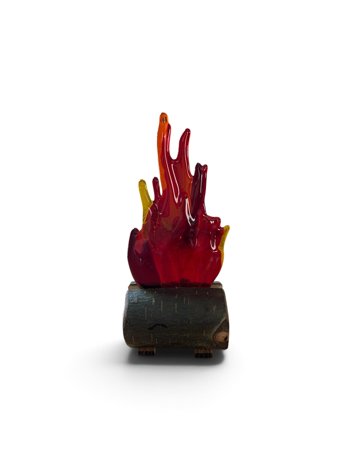 Homemade Fused Glass Flaming Fire and Aspen Wood Sculpture