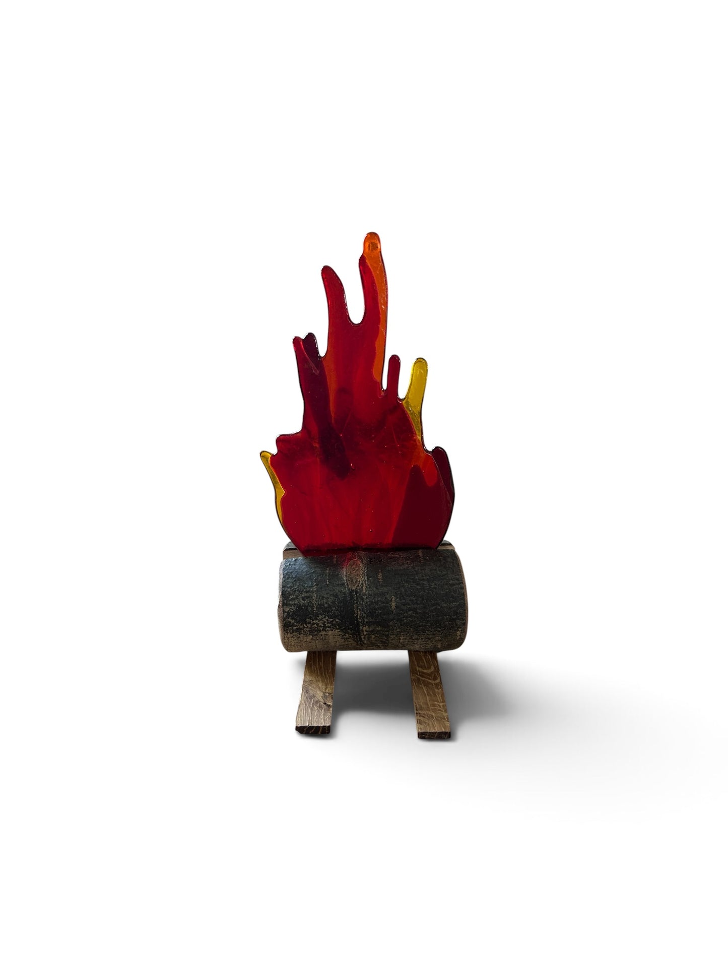 Homemade Fused Glass Flaming Fire and Aspen Wood Sculpture