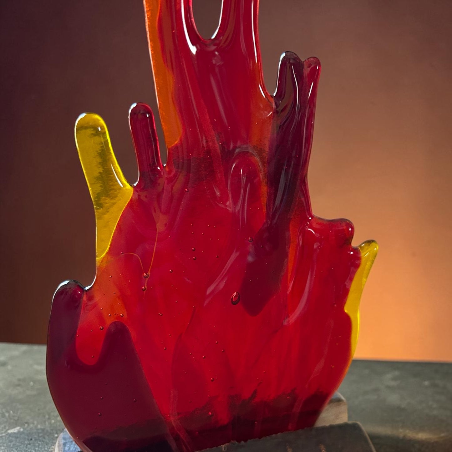 Homemade Fused Glass Flaming Fire and Aspen Wood Sculpture