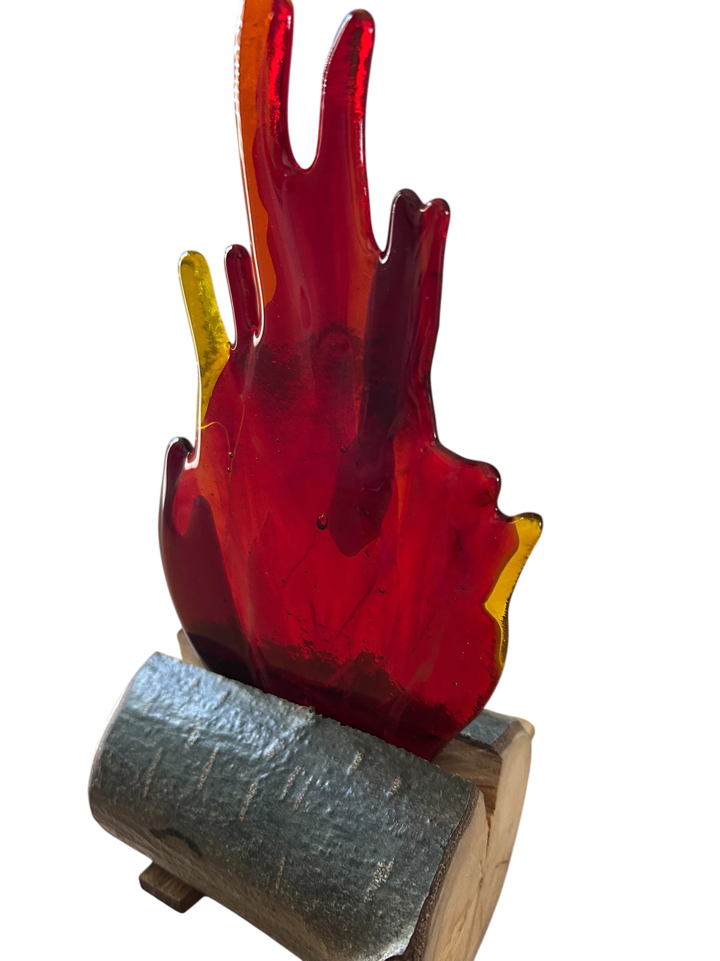Homemade Fused Glass Flaming Fire and Aspen Wood Sculpture