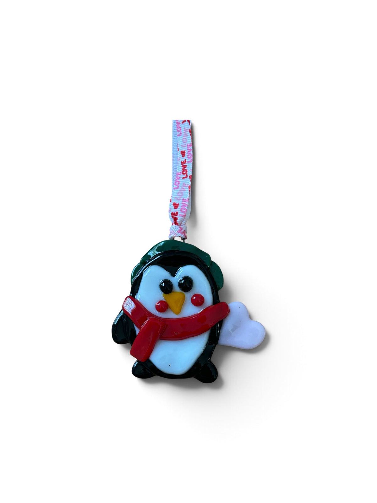Homemade Fused Glass Penguin with a Heart Christmas Ornament
