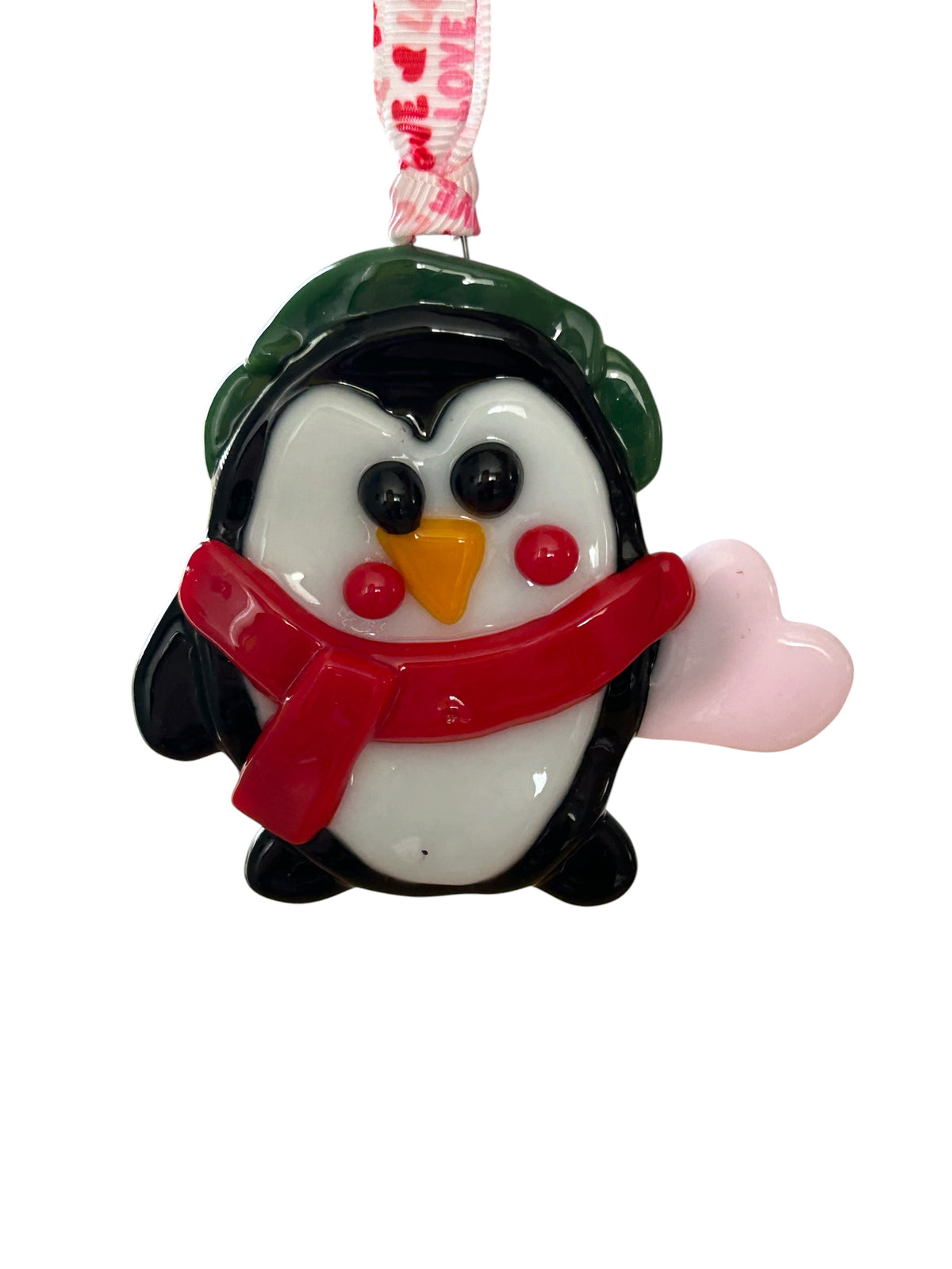 Homemade Fused Glass Penguin with a Heart Christmas Ornament