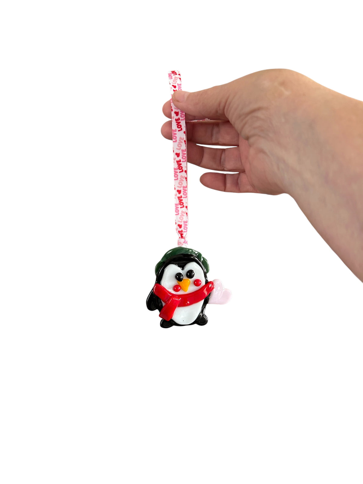 Homemade Fused Glass Penguin with a Heart Christmas Ornament