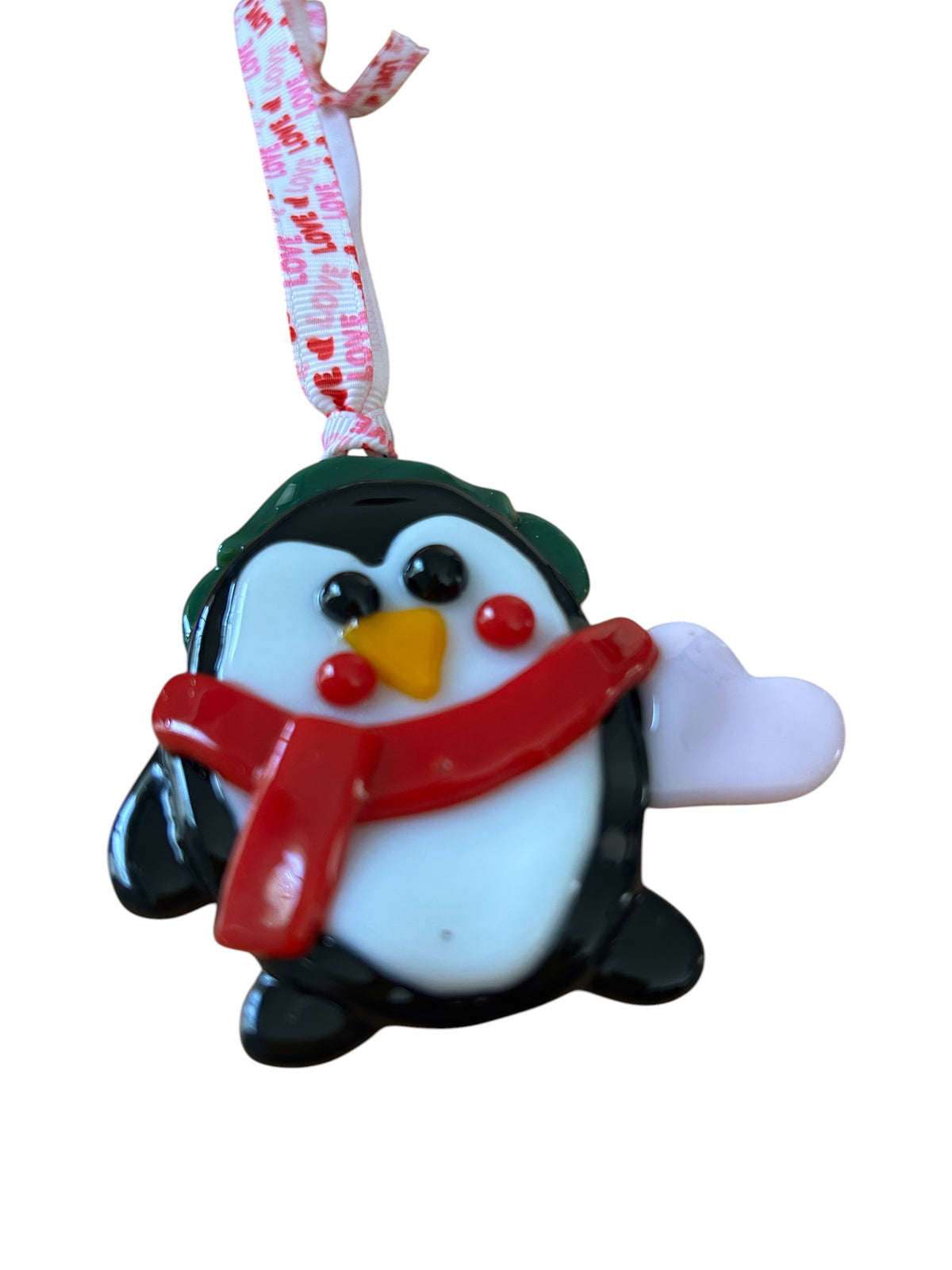 Homemade Fused Glass Penguin with a Heart Christmas Ornament