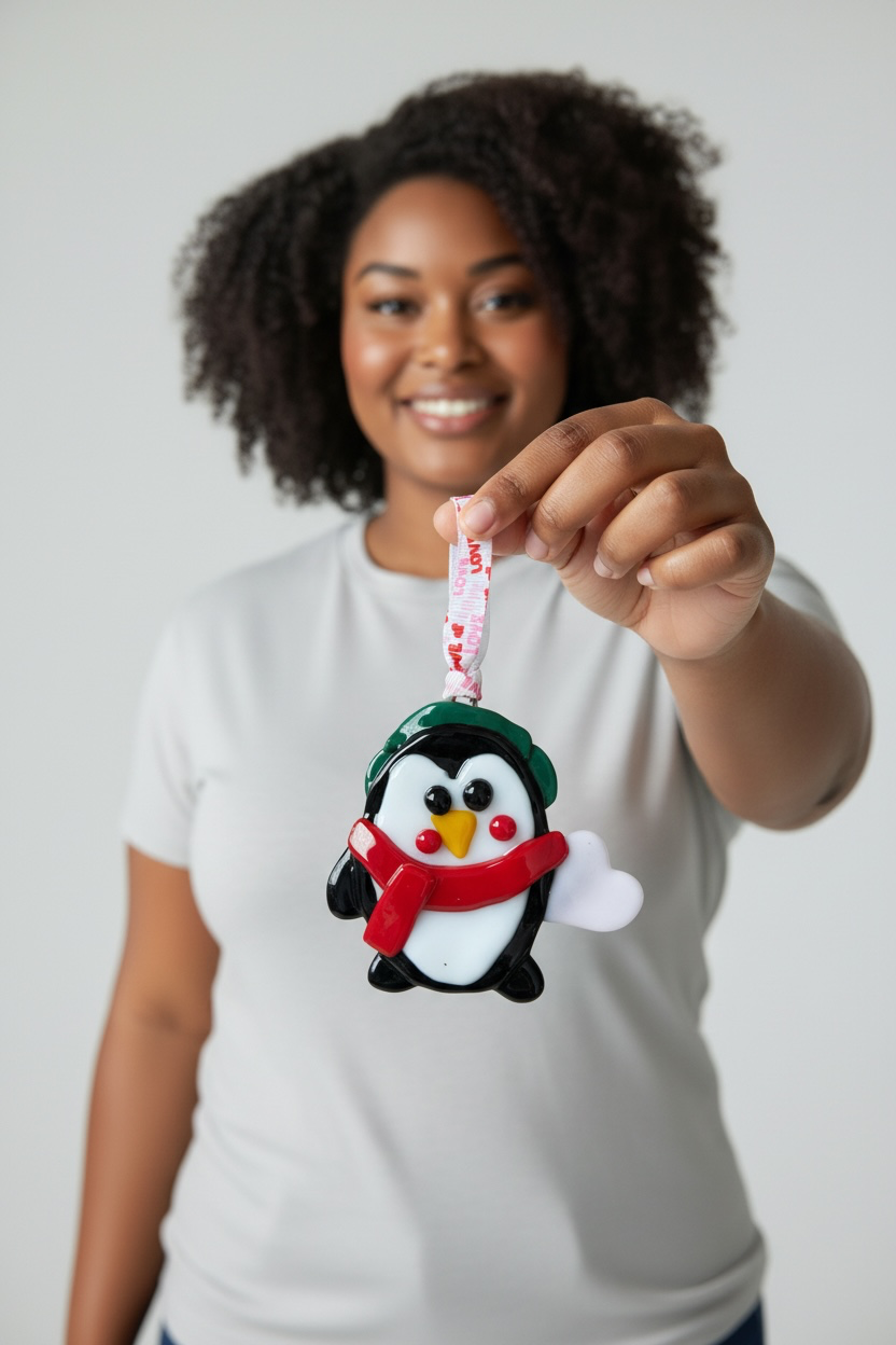 Homemade Fused Glass Penguin with a Heart Christmas Ornament