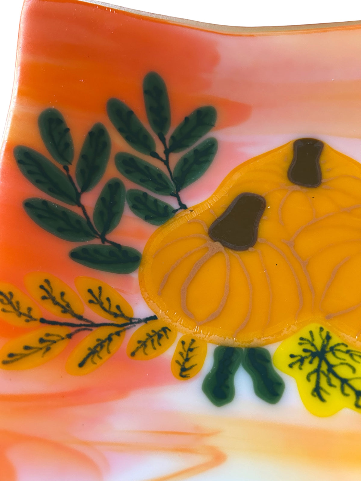 Homemade Fused Glass Tray with Thanksgiving Pumpkins