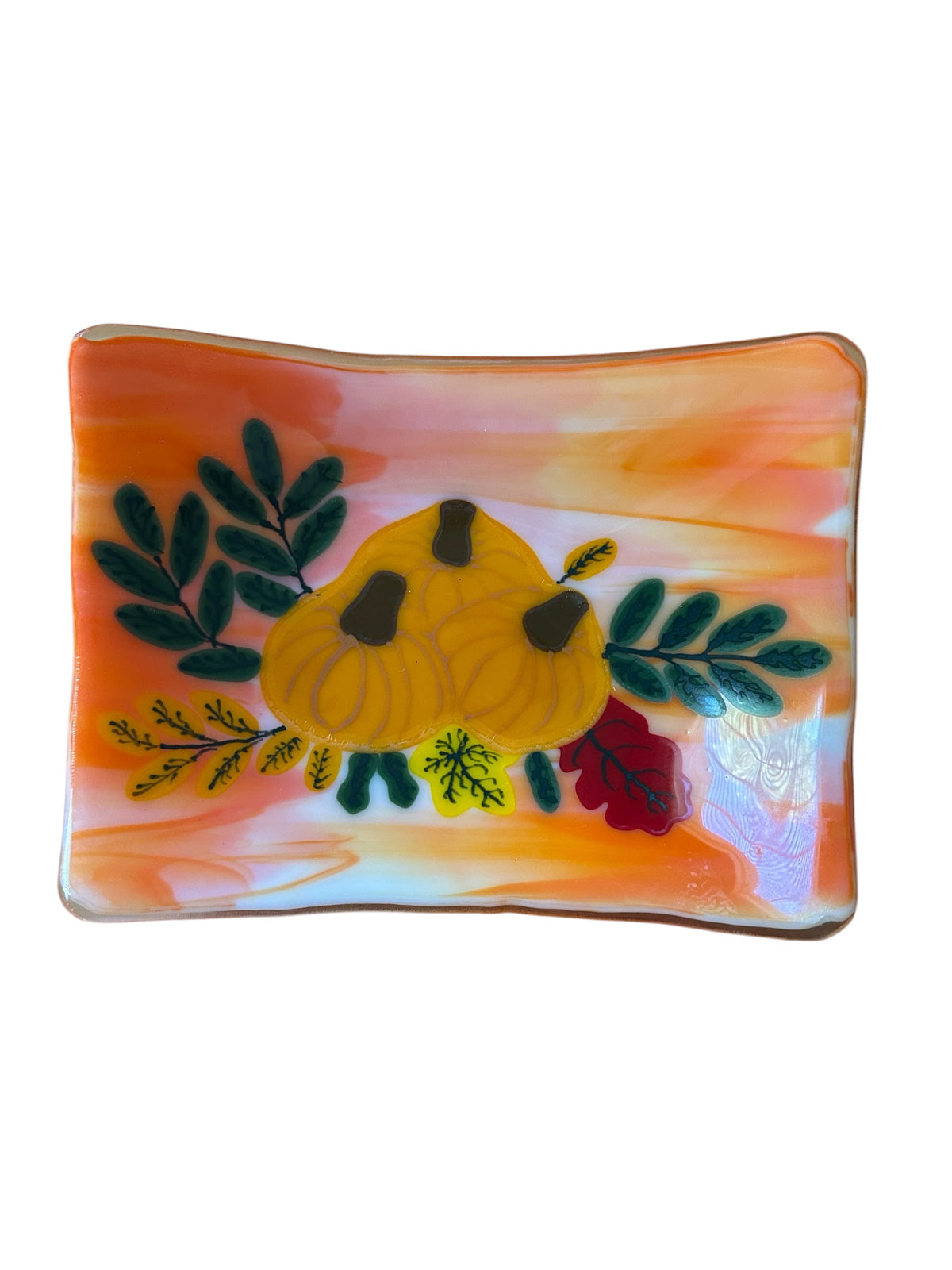 Homemade Fused Glass Tray with Thanksgiving Pumpkins